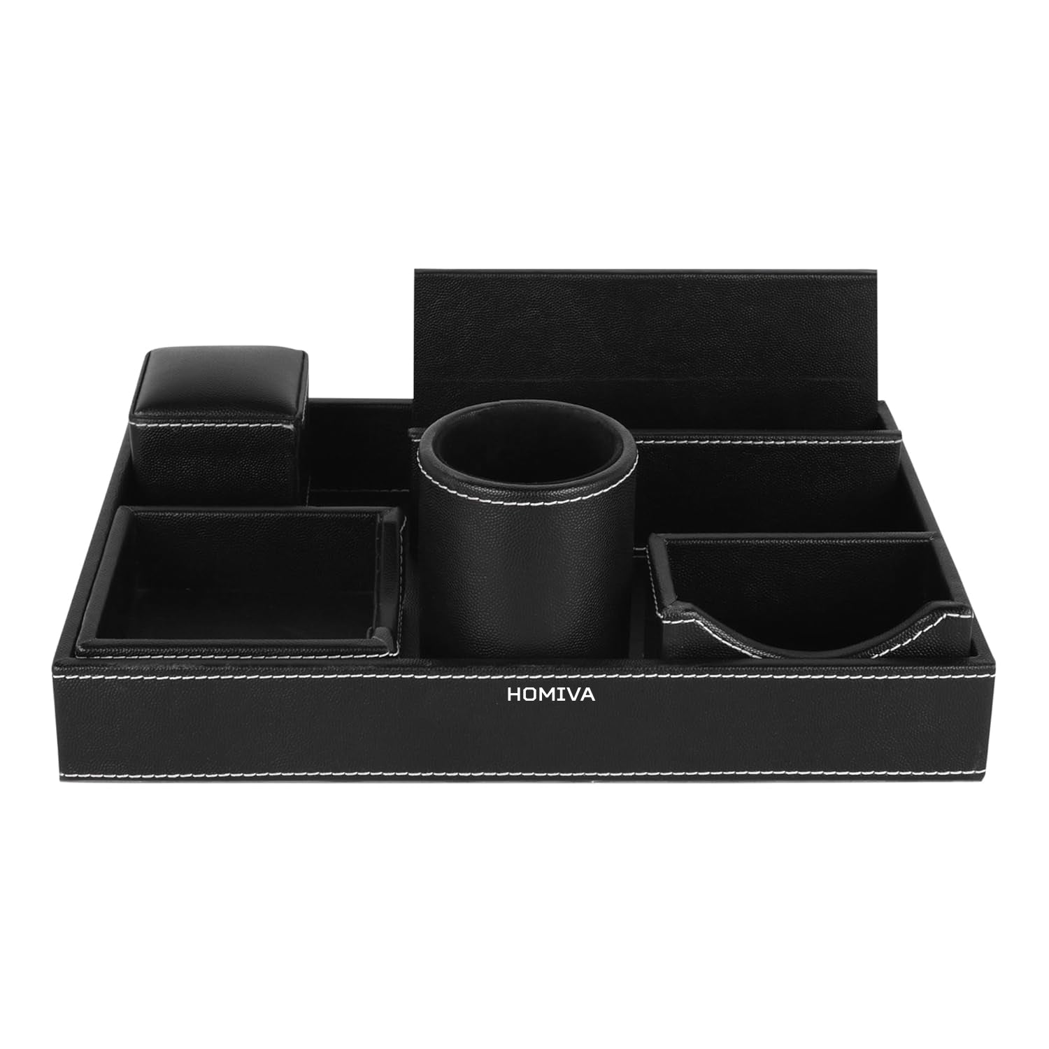 HOMIVA Round Leatherette Tray with 6-Piece Organizer Set – Elegant Serving & Organizing for Home, Office, and Dining Tables