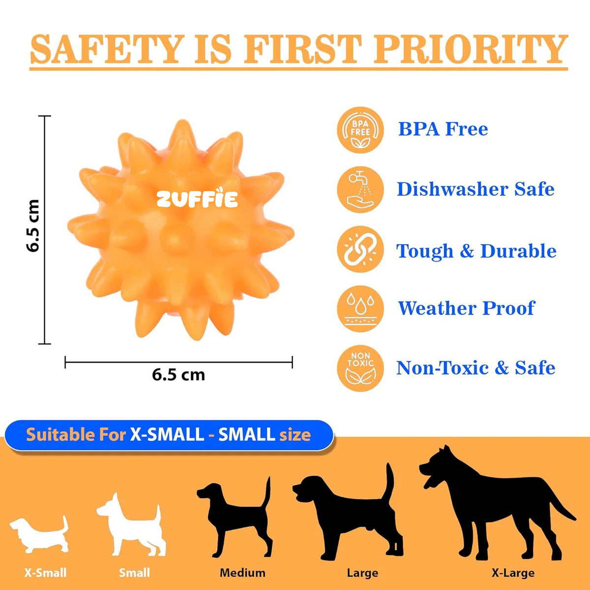 ZUFFIE Spiky Dog Toy Ball, Perfect for Teething, Fetch, & Playtime, Chew-Resistant, Interactive Fetch & Tug Toy - Tangerine