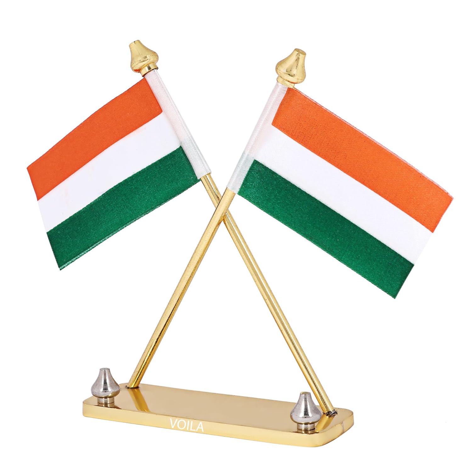 VOILA Indian Flag on Brass Pipes with Rectangular Metal Base Stand, Premium Car Dashboard & Office Decor