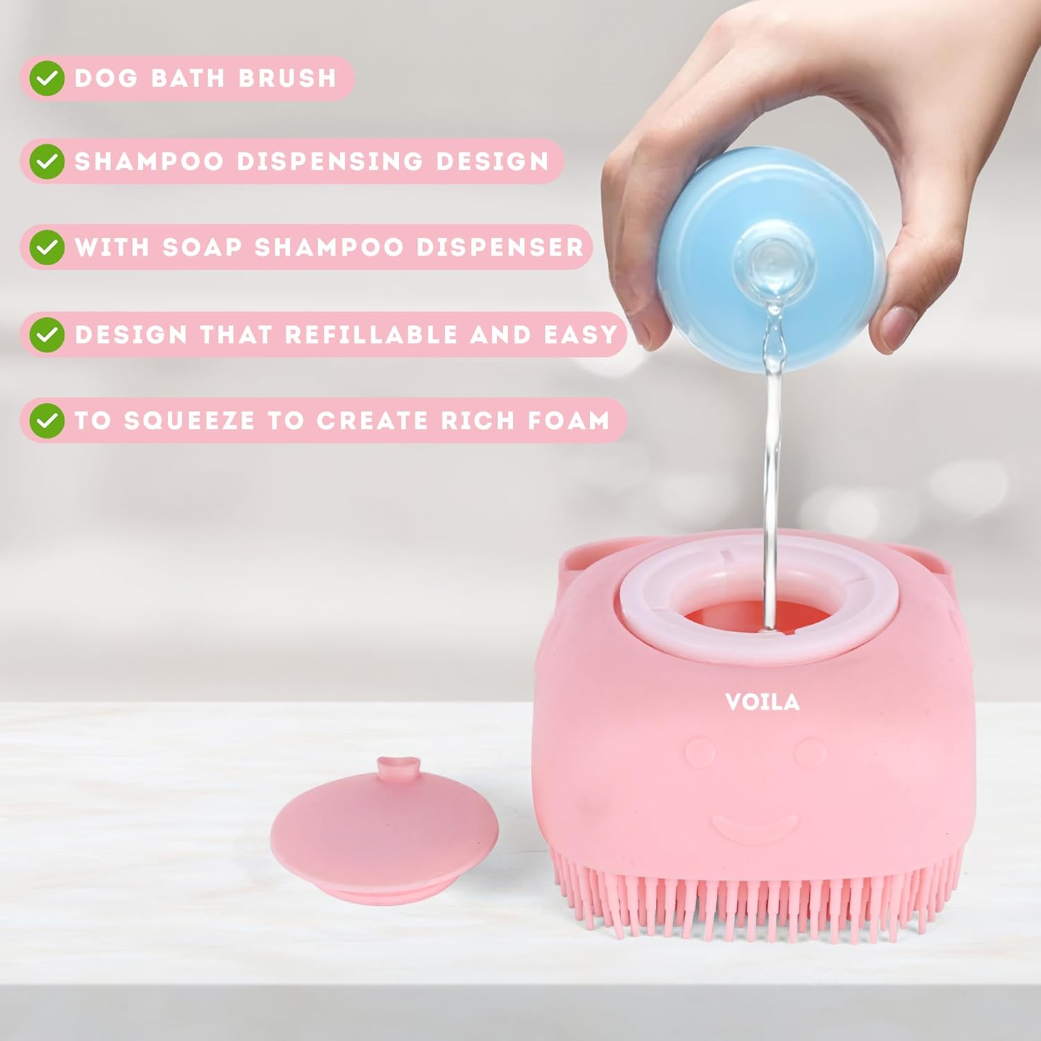 ZUFFIE Dog Shampoo Dispenser & Brush, 2 in 1 Wash and Massage Tool for Dogs - Pink