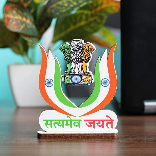 VOILA Indian Flag with Satyamev Jayate and Lotus Shape for Car Dashboard, Study Table, Home & Office