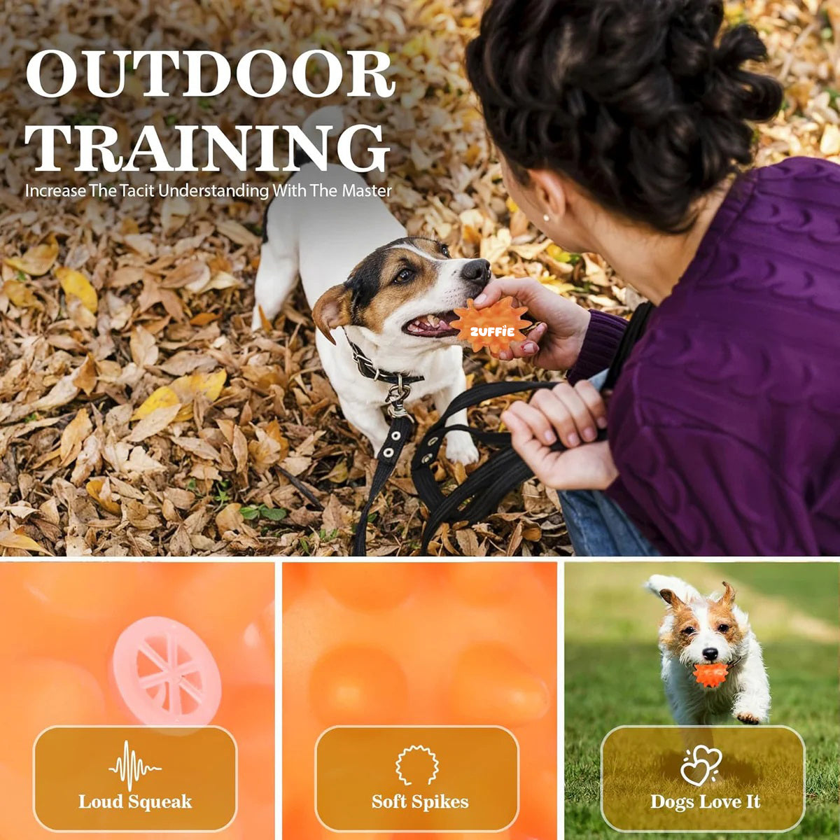 ZUFFIE Spiky Dog Toy Ball, Perfect for Teething, Fetch, & Playtime, Chew-Resistant, Interactive Fetch & Tug Toy - Tangerine