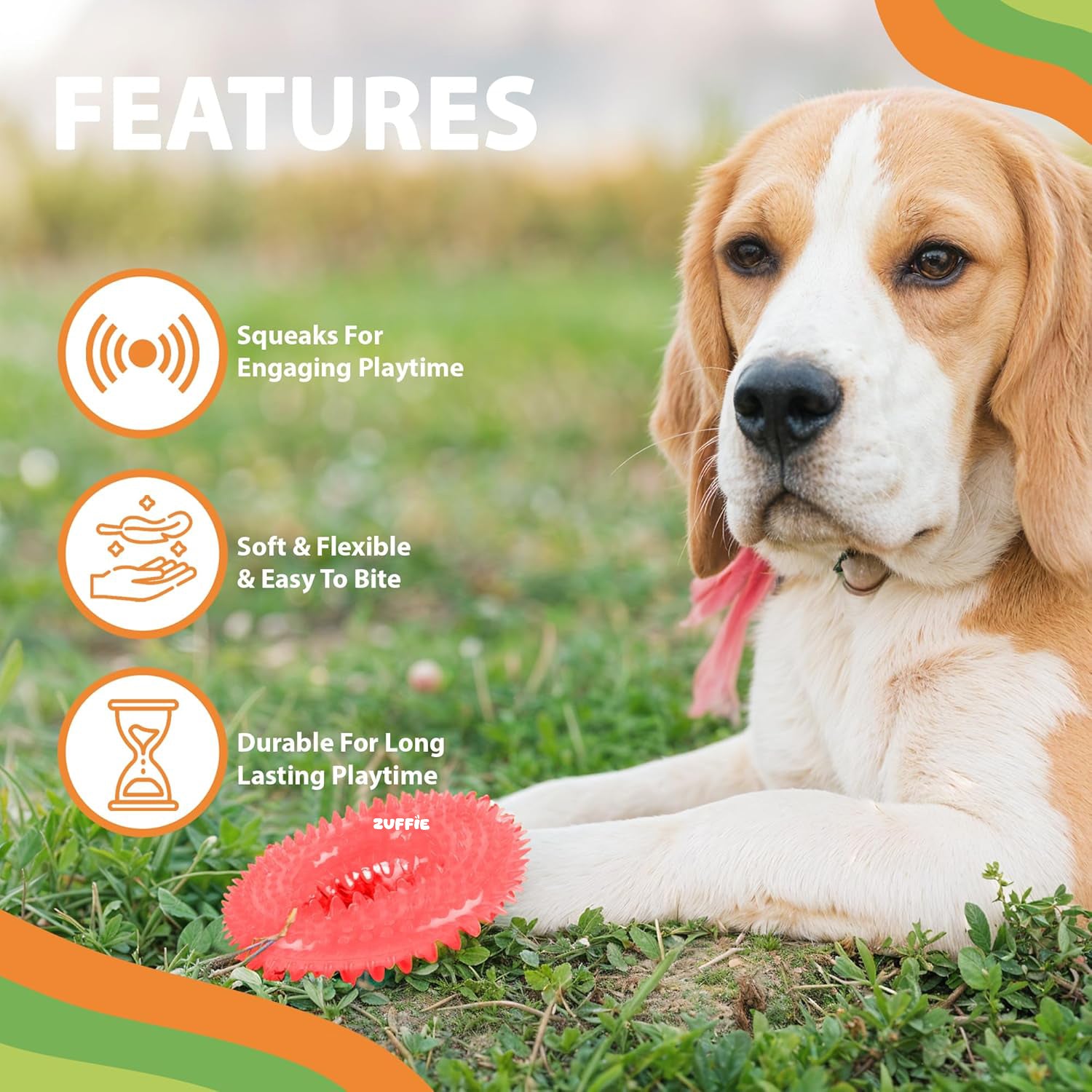 ZUFFIE Dog Spiky Ring Toy - Durable & Bouncy Rubber Chew Toy - Red