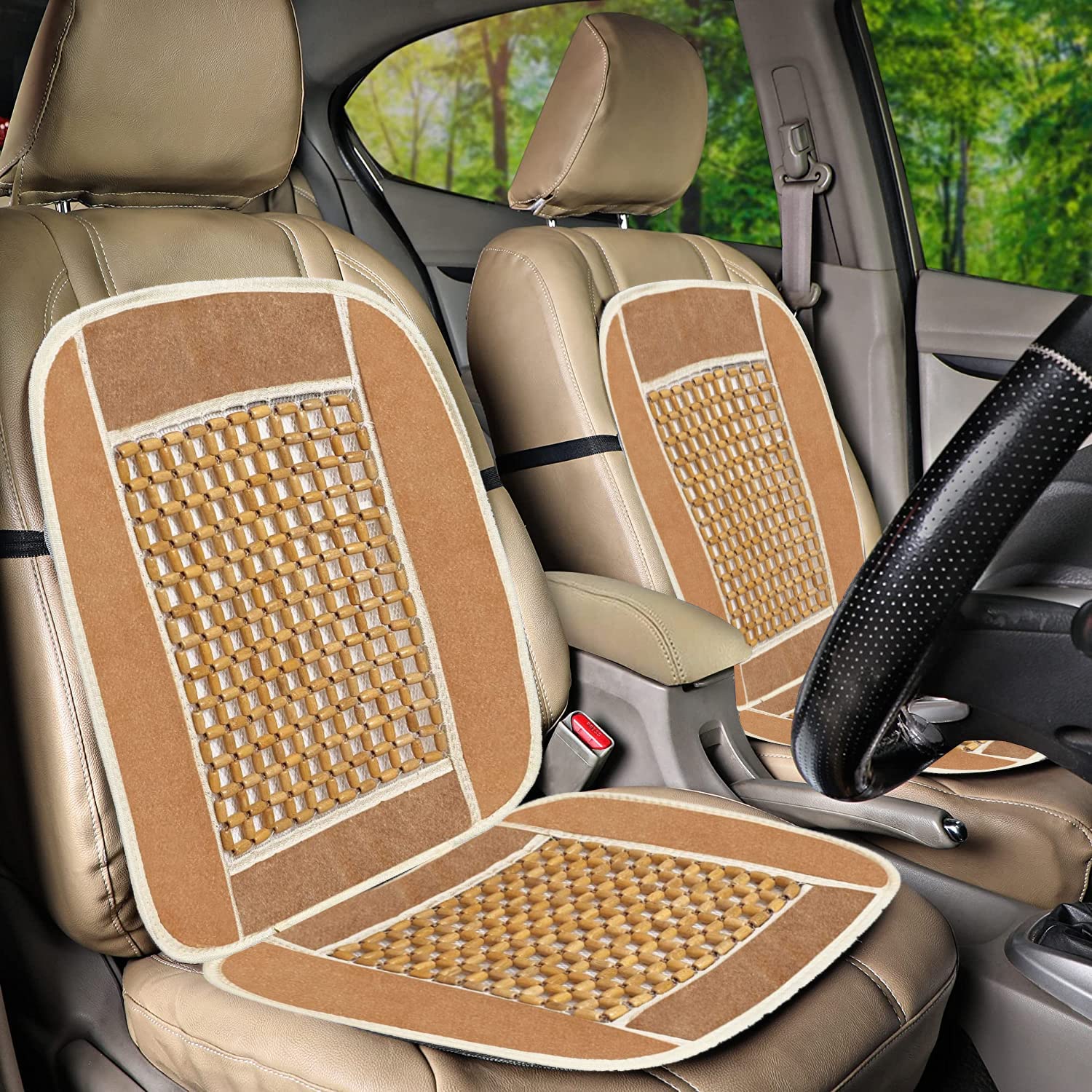 VOILA Wooden Beads Beige Velvet Seat Covers/Cushions for Cars, Chairs etc (Pack of 2)