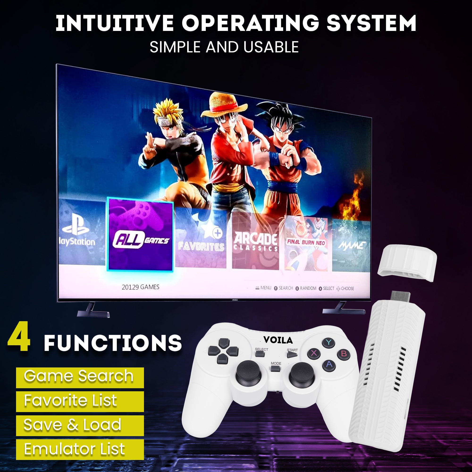 Voila M66 (X2) Retro GameStick 64GB 4K HD Output with 52 Emulators 30000+ Built-in Classic Games Plug & Play TV Gaming Console Dual Wireless Controllers Anti-Skid Design Two Player Support - PS1, PSP, Nintendo, NES and SNES