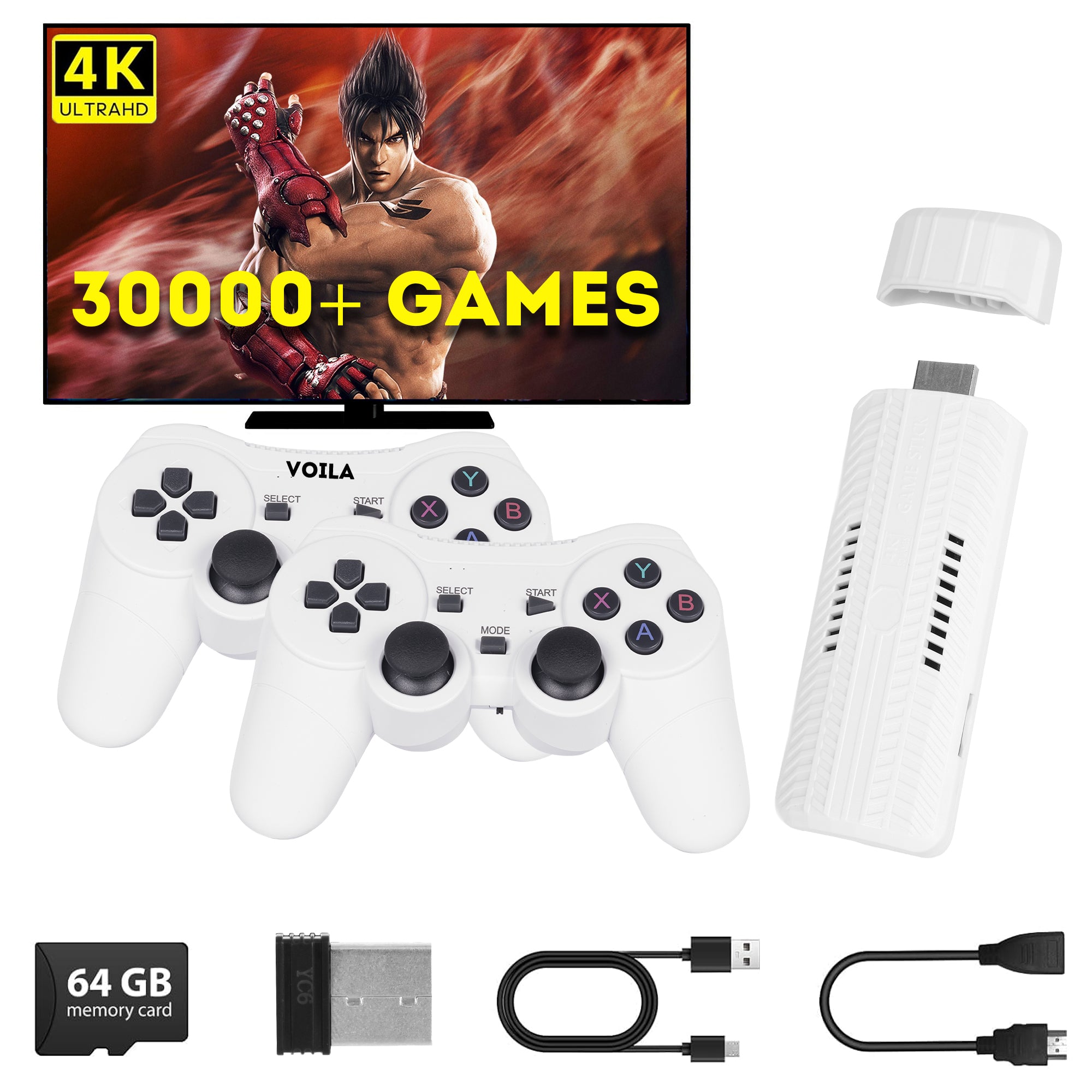 Voila M66 (X2) Retro GameStick 64GB 4K HD Output with 52 Emulators 30000+ Built-in Classic Games Plug & Play TV Gaming Console Dual Wireless Controllers Anti-Skid Design Two Player Support - PS1, PSP, Nintendo, NES and SNES