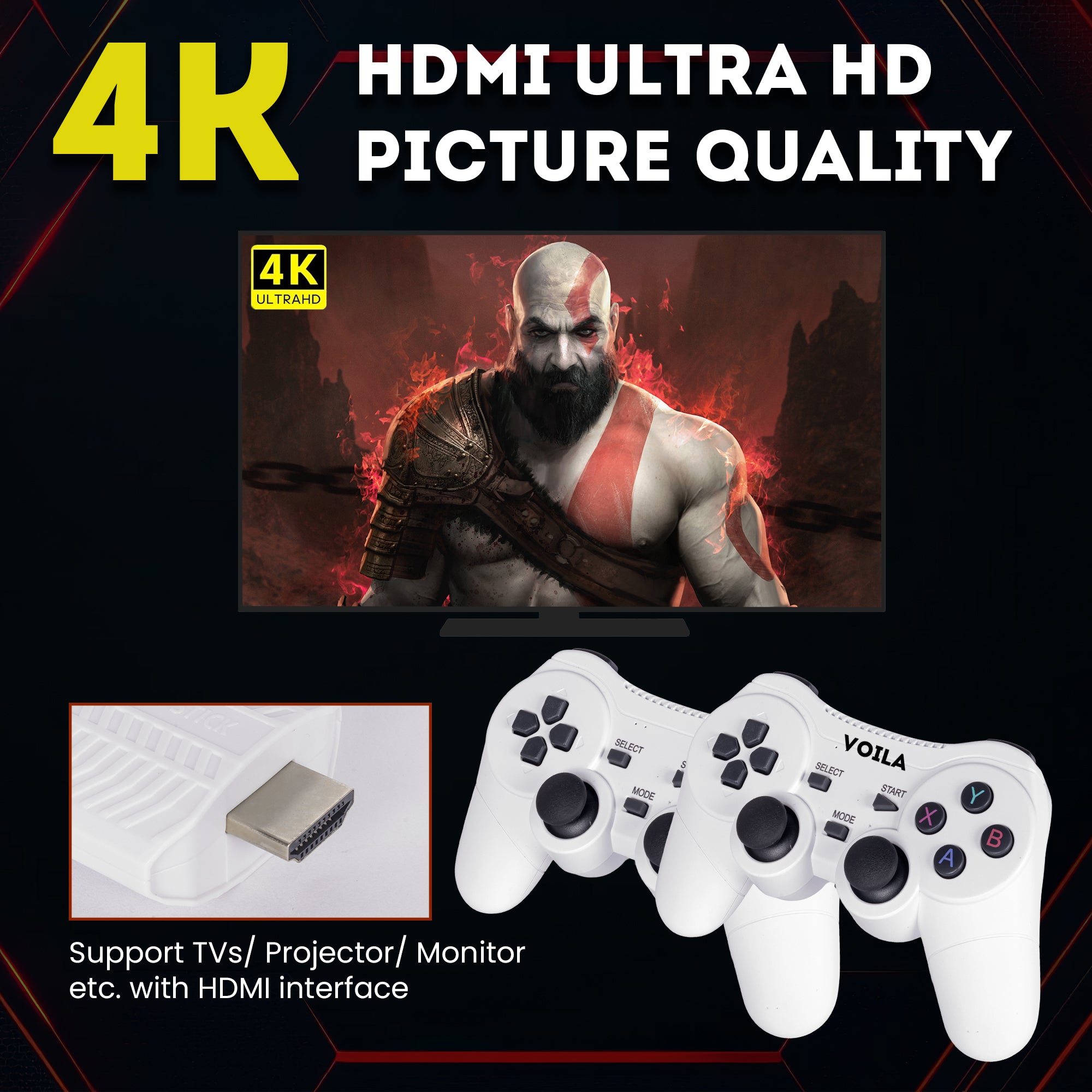 Voila M66 (X2) Retro GameStick 64GB 4K HD Output with 52 Emulators 30000+ Built-in Classic Games Plug & Play TV Gaming Console Dual Wireless Controllers Anti-Skid Design Two Player Support - PS1, PSP, Nintendo, NES and SNES