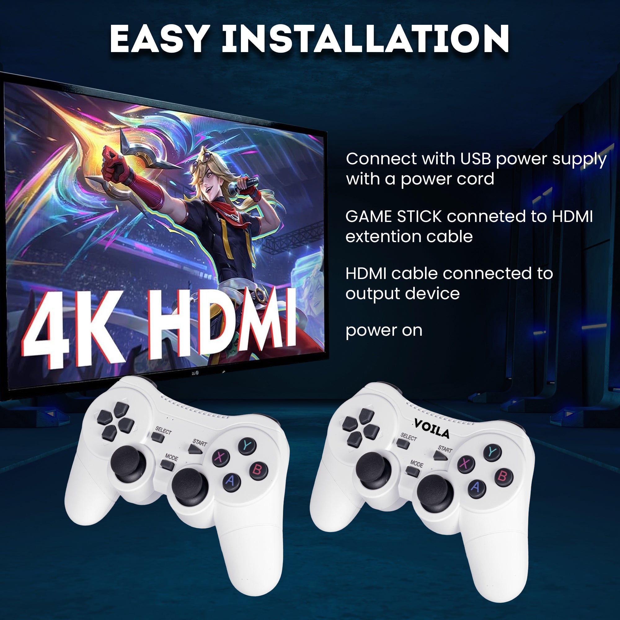 Voila M66 (X2) Retro GameStick 64GB 4K HD Output with 52 Emulators 30000+ Built-in Classic Games Plug & Play TV Gaming Console Dual Wireless Controllers Anti-Skid Design Two Player Support - PS1, PSP, Nintendo, NES and SNES