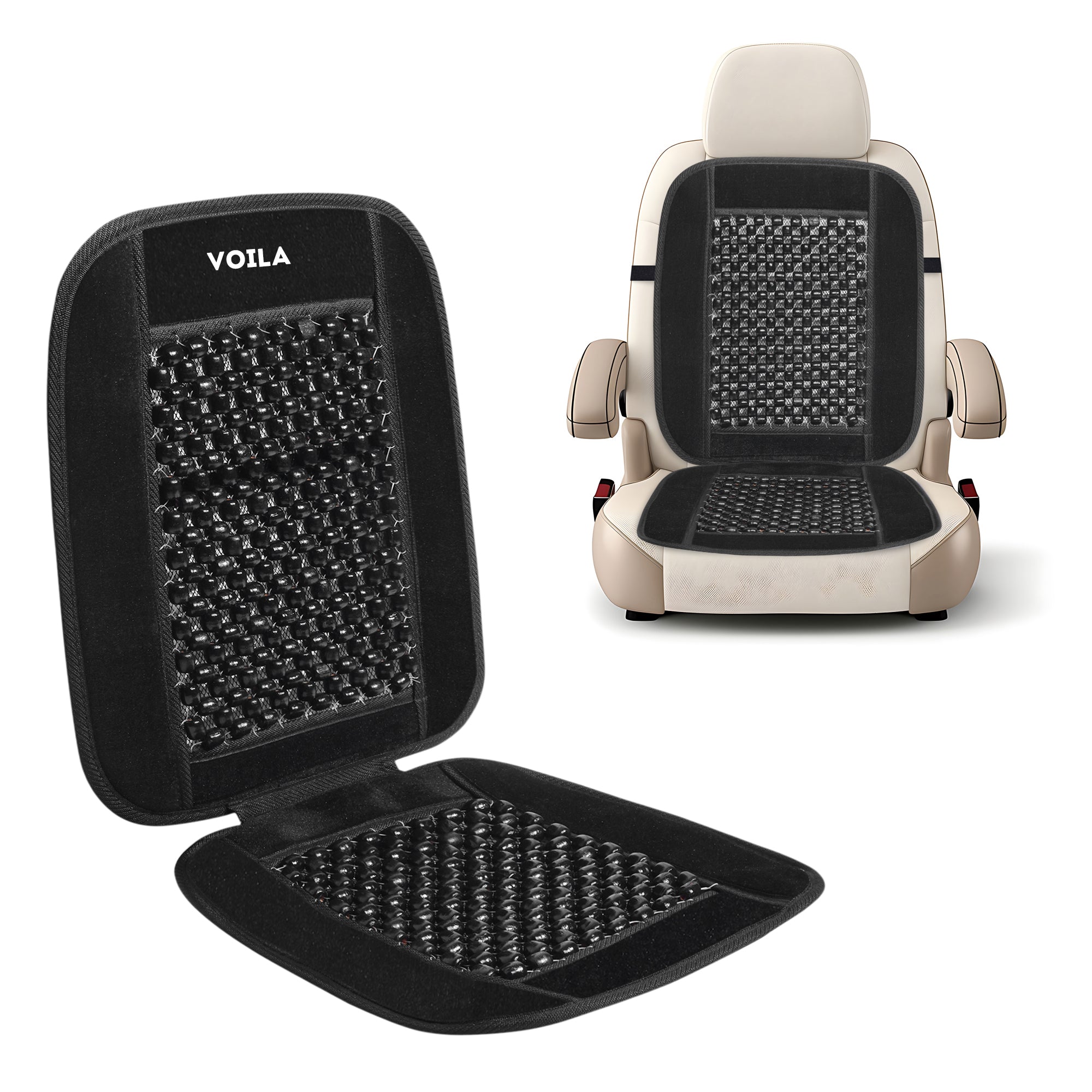 VOILA Wooden Beads Black Velvet Seat Cover for Cars, Chairs etc (Pack of 2)
