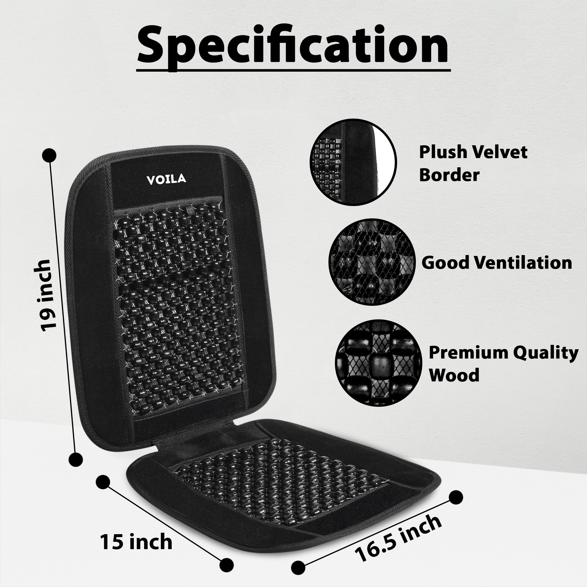 VOILA Wooden Beads Black Velvet Seat Cover for Cars, Chairs etc (Pack of 2)