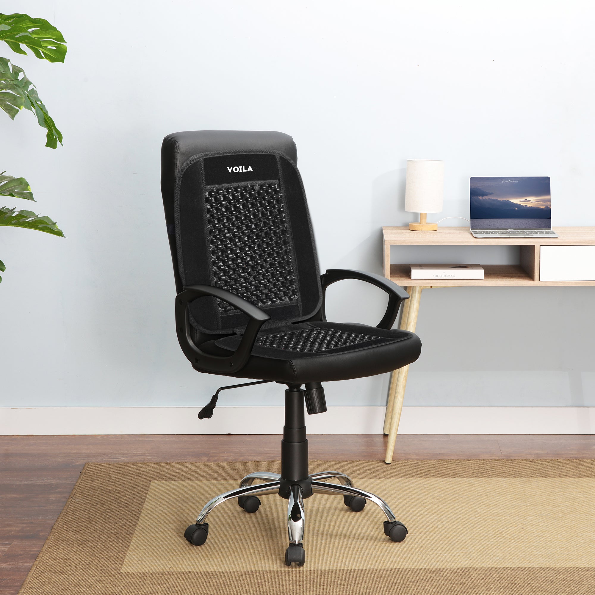 VOILA Wooden Beads Black Velvet Seat Cover for Cars, Chairs etc (Pack of 2)