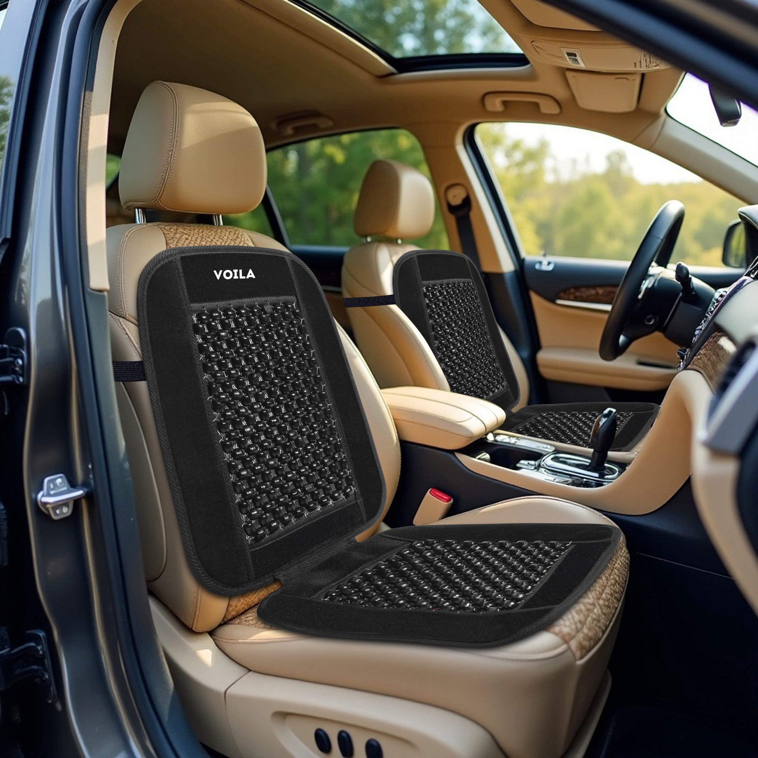 VOILA Wooden Beads Black Velvet Seat Cover for Cars, Chairs etc (Pack of 2)