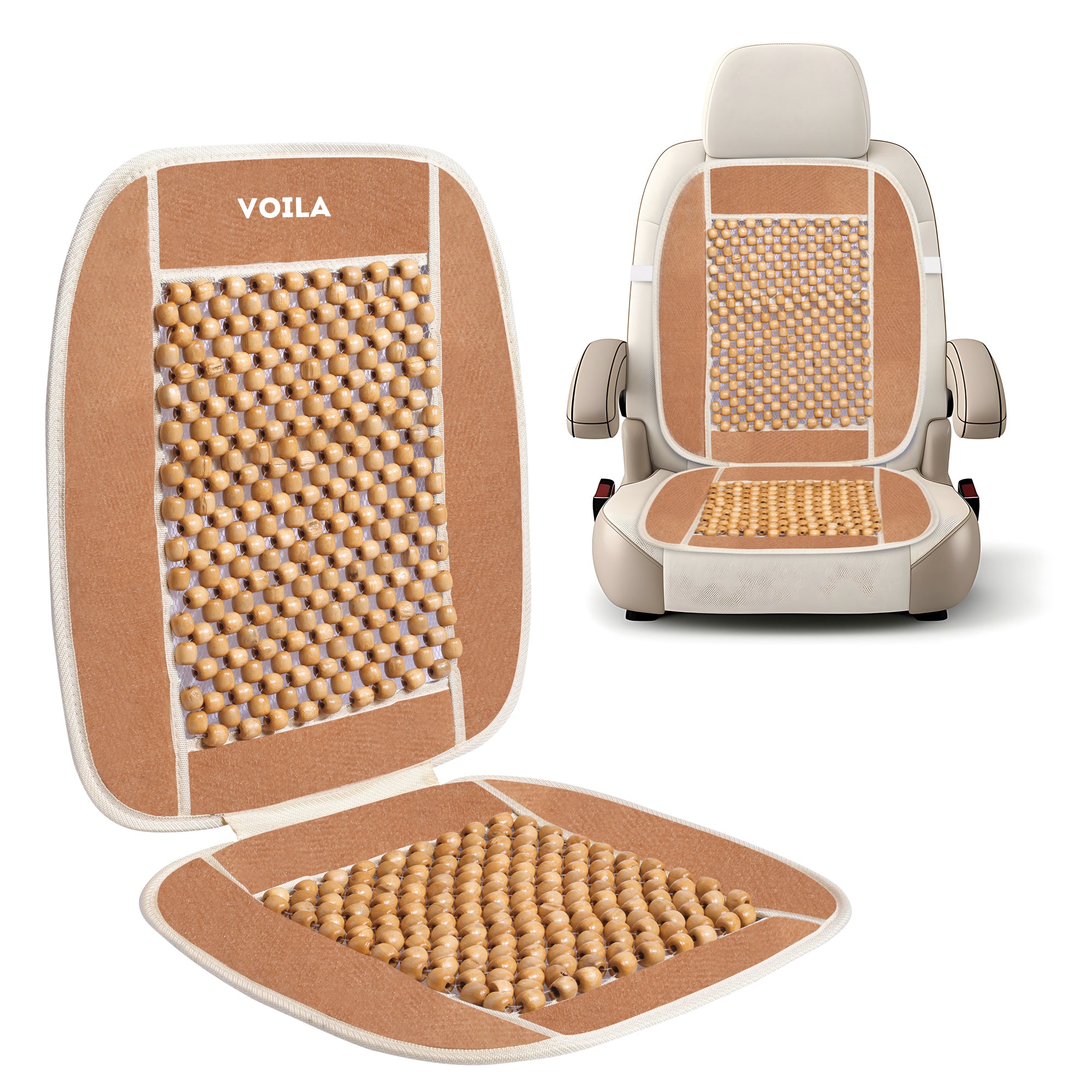 VOILA Wooden Beads Beige Velvet Seat Covers/Cushions for Cars, Chairs etc (Pack of 2)