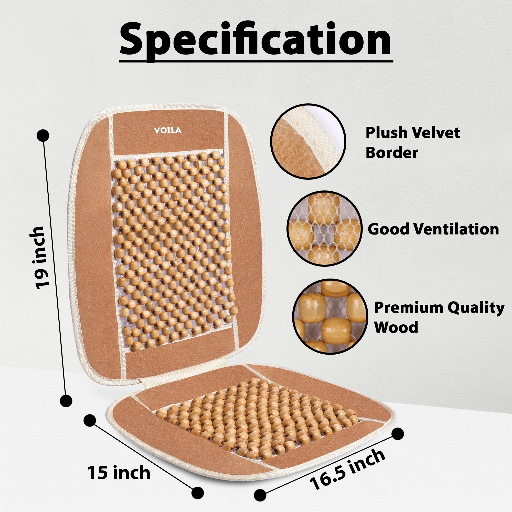 VOILA Wooden Beads Beige Velvet Seat Covers/Cushions for Cars, Chairs etc (Pack of 2)