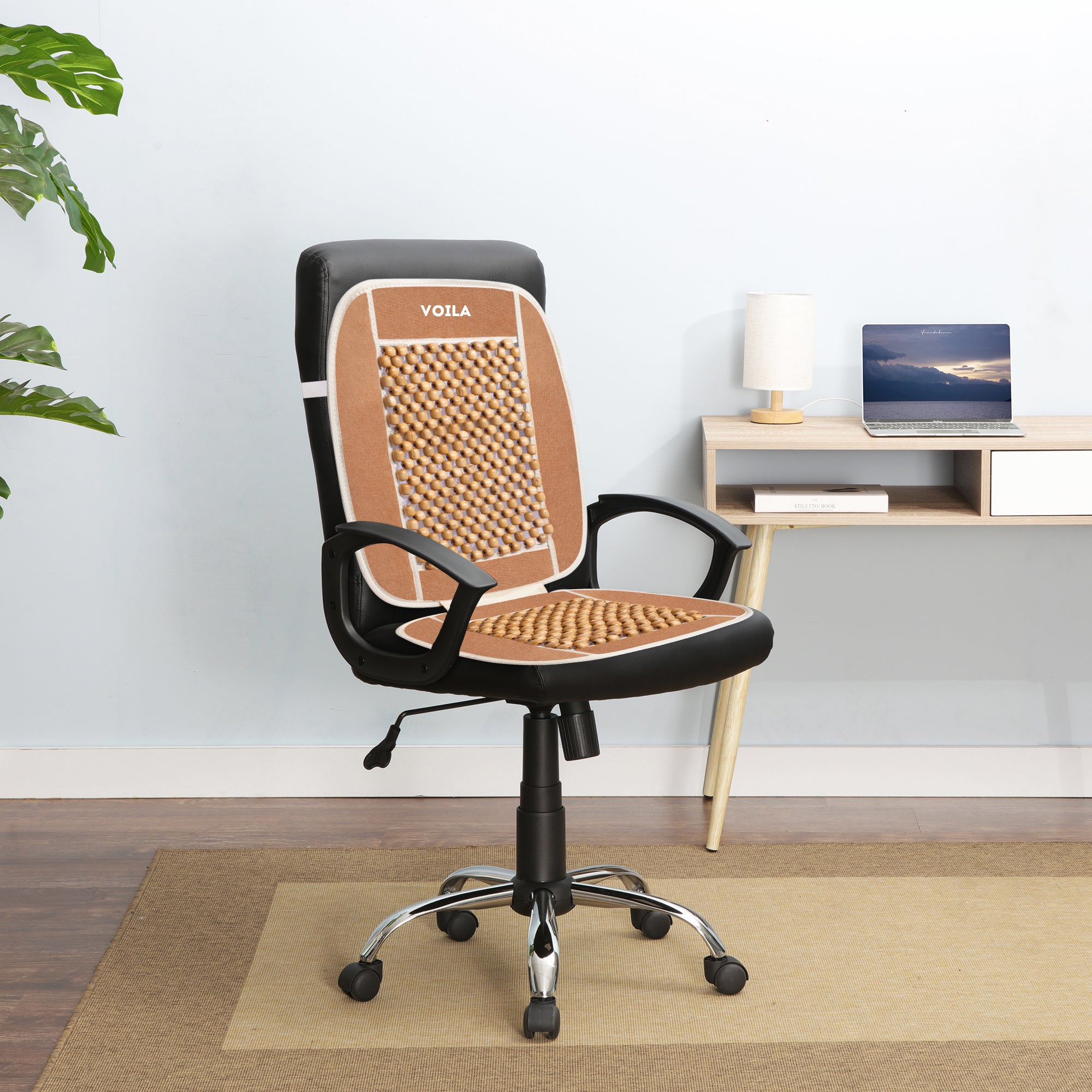 VOILA Wooden Beads Beige Velvet Seat Covers/Cushions for Cars, Chairs etc (Pack of 2)