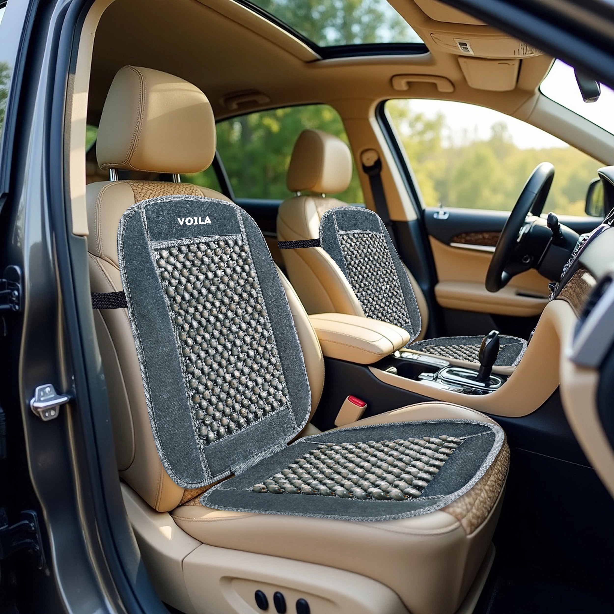 VOILA Wooden Beads Velvet Seat Cover for Cars, Chairs etc (Grey)