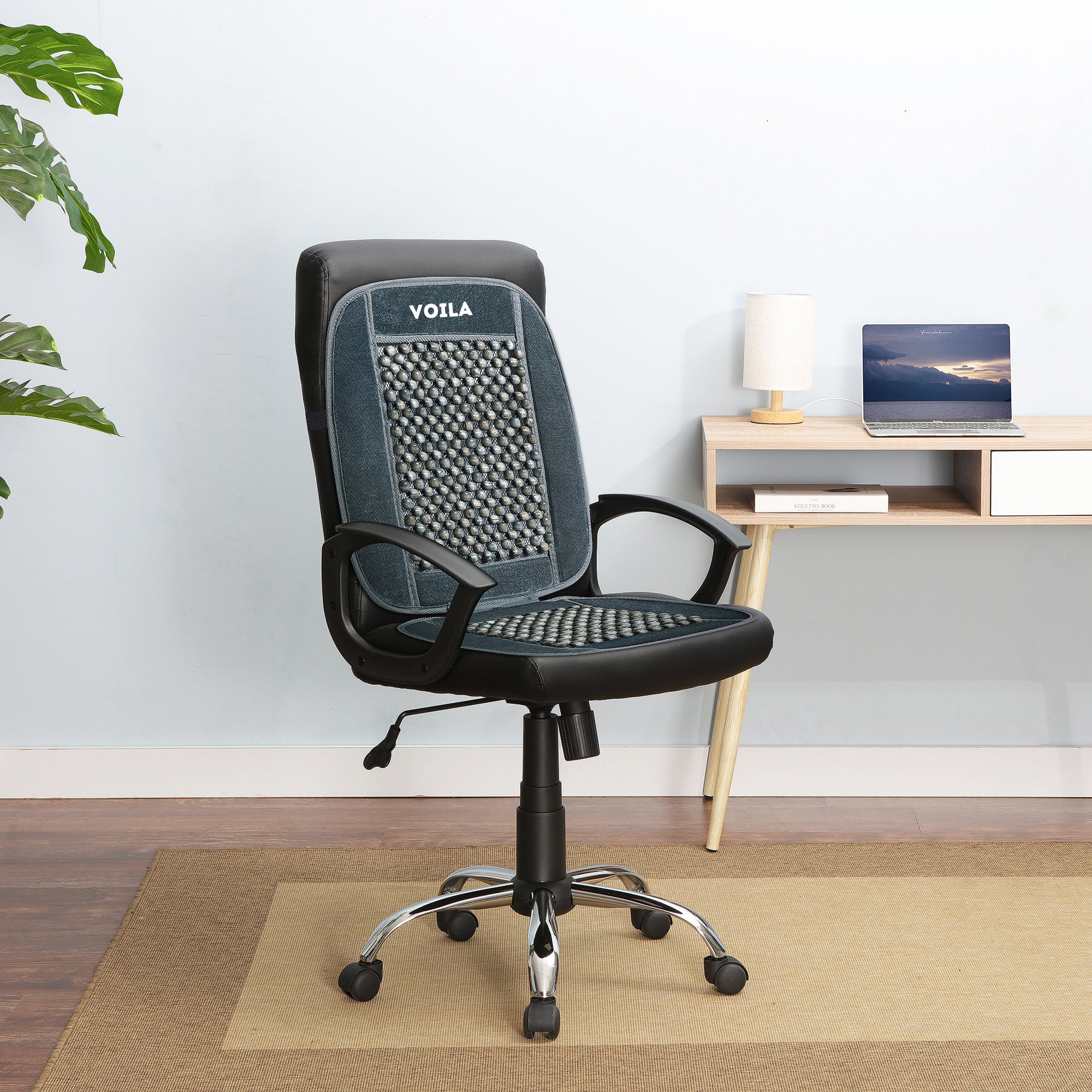 VOILA Wooden Beads Grey Velvet Seat Covers/Cushions for Cars, Chairs etc (Pack of 2)