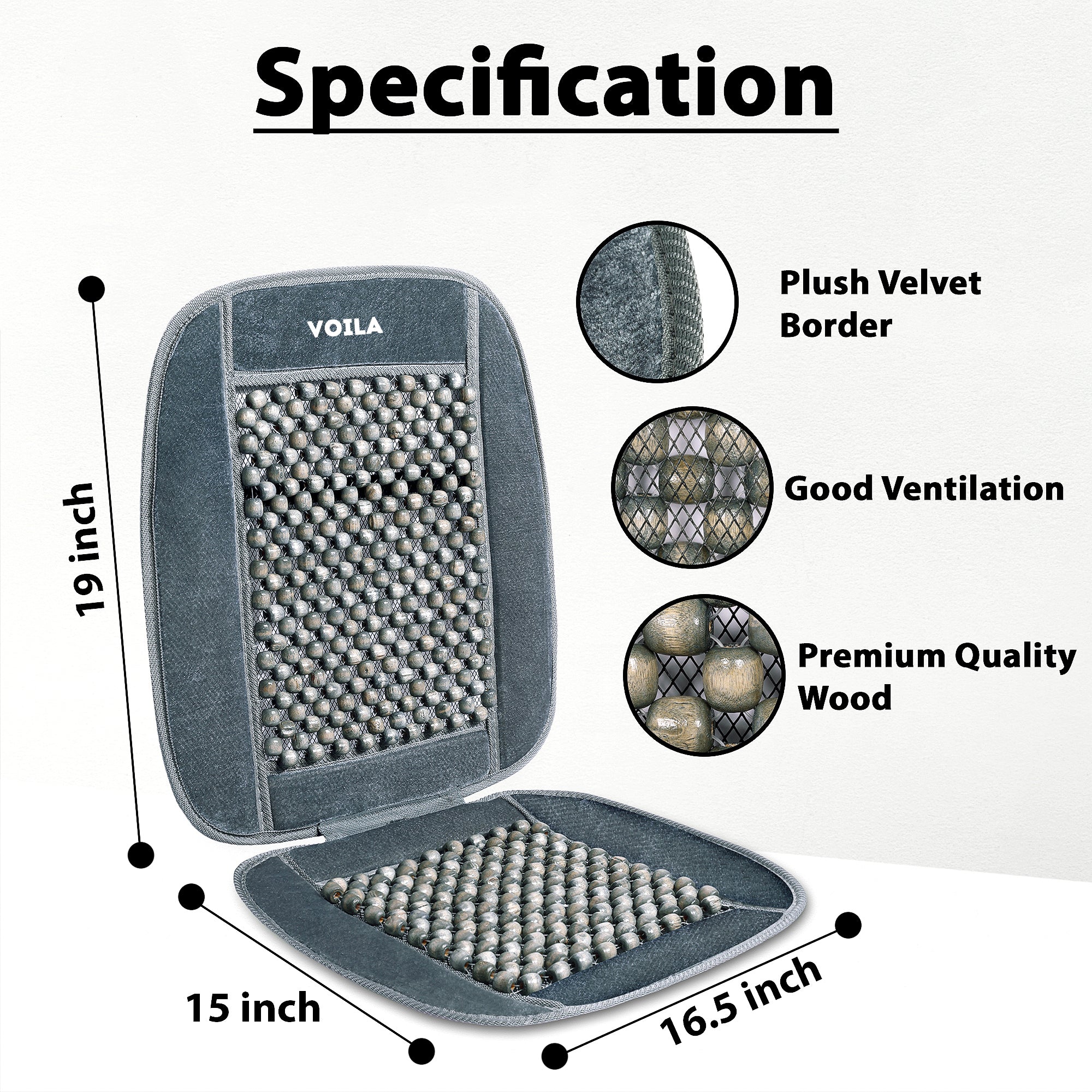 VOILA Wooden Beads Grey Velvet Seat Covers/Cushions for Cars, Chairs etc (Pack of 2)