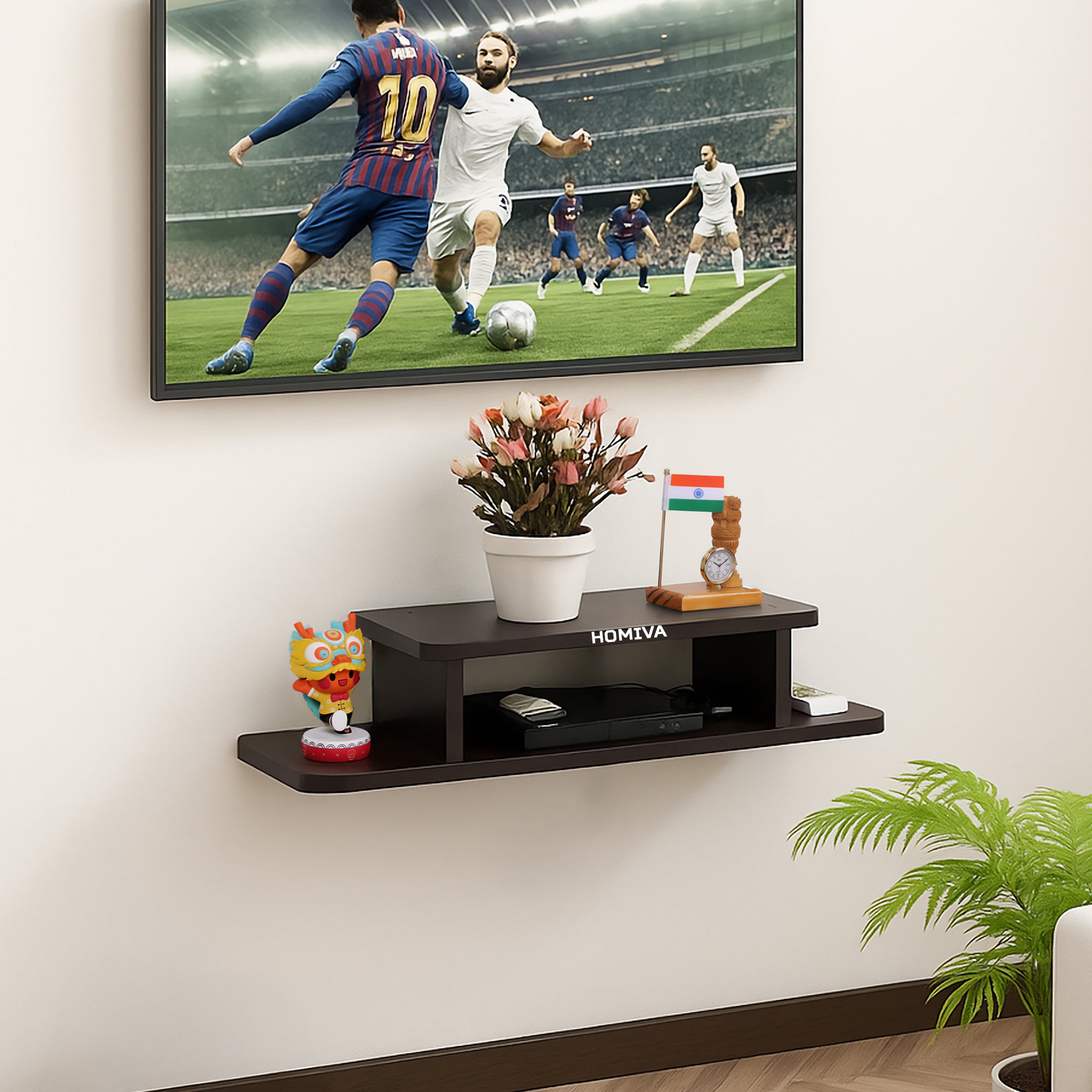 HOMIVA DIY Wall-Mounted Dual-Layer Wooden Shelf, Ideal for media devices, routers - Dark Brown