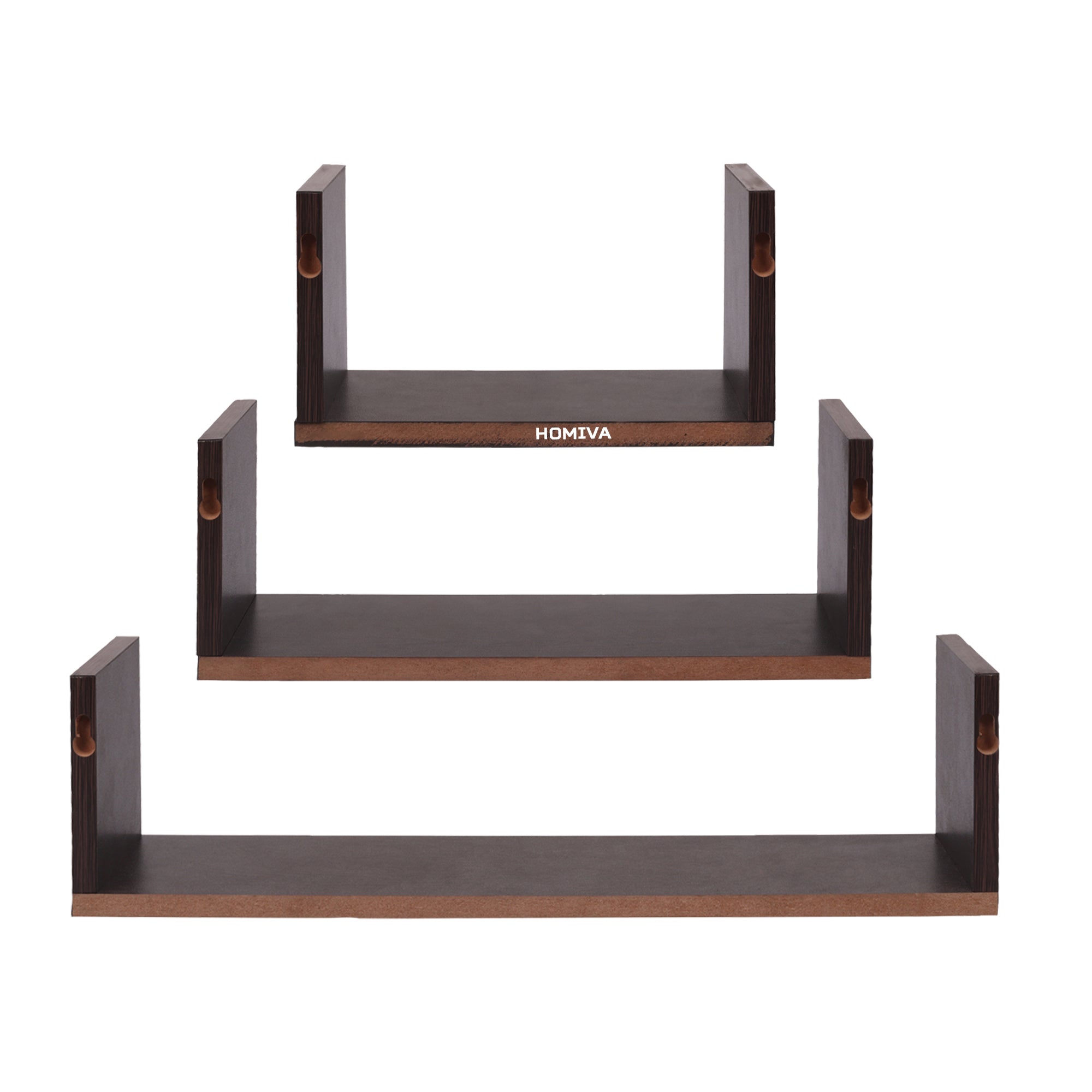 HOMIVA DIY Set of 3 U-shaped wall-mounted wooden shelves - Dark Brown