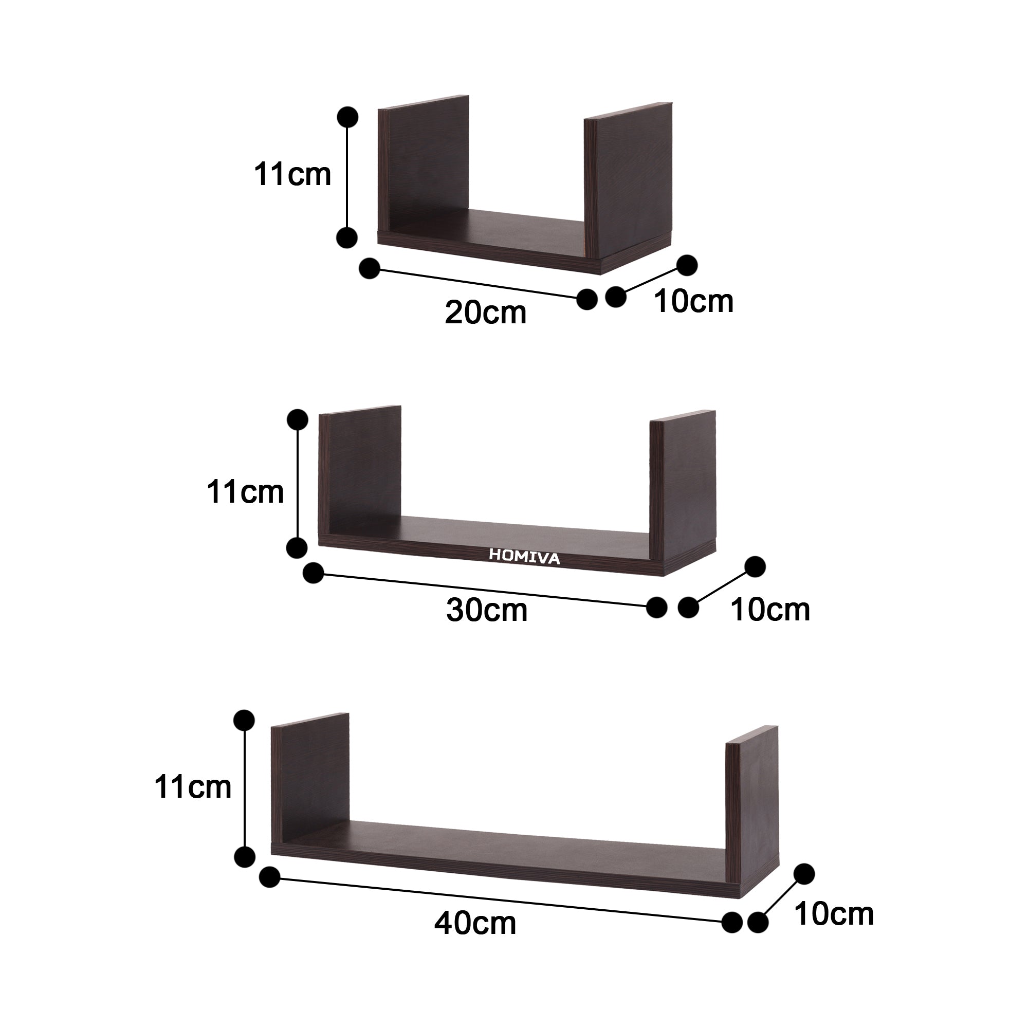 HOMIVA DIY Set of 3 U-shaped wall-mounted wooden shelves - Dark Brown