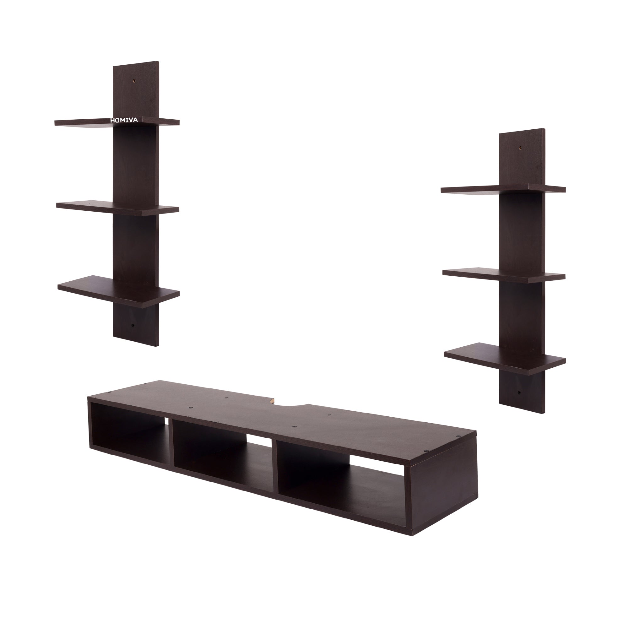 HOMIVA DIY Wall-Mounted 2 Triple-Layer Shelves and 1 3-Compartment Set - Brown