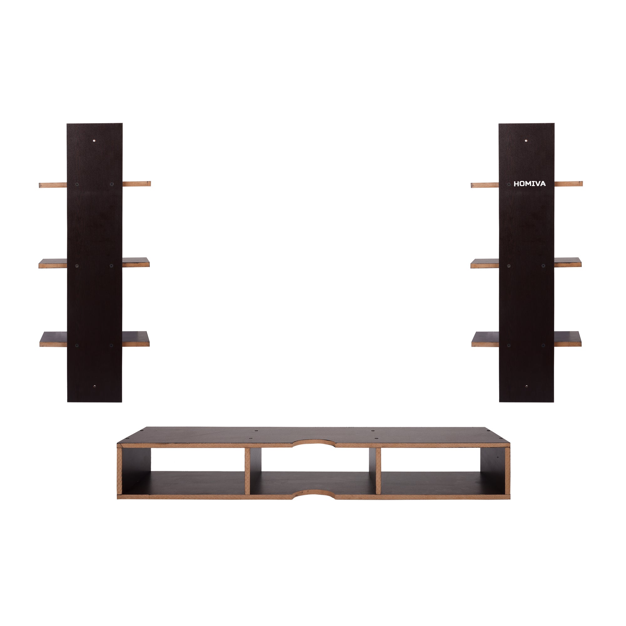HOMIVA DIY Wall-Mounted 2 Triple-Layer Shelves and 1 3-Compartment Set - Brown