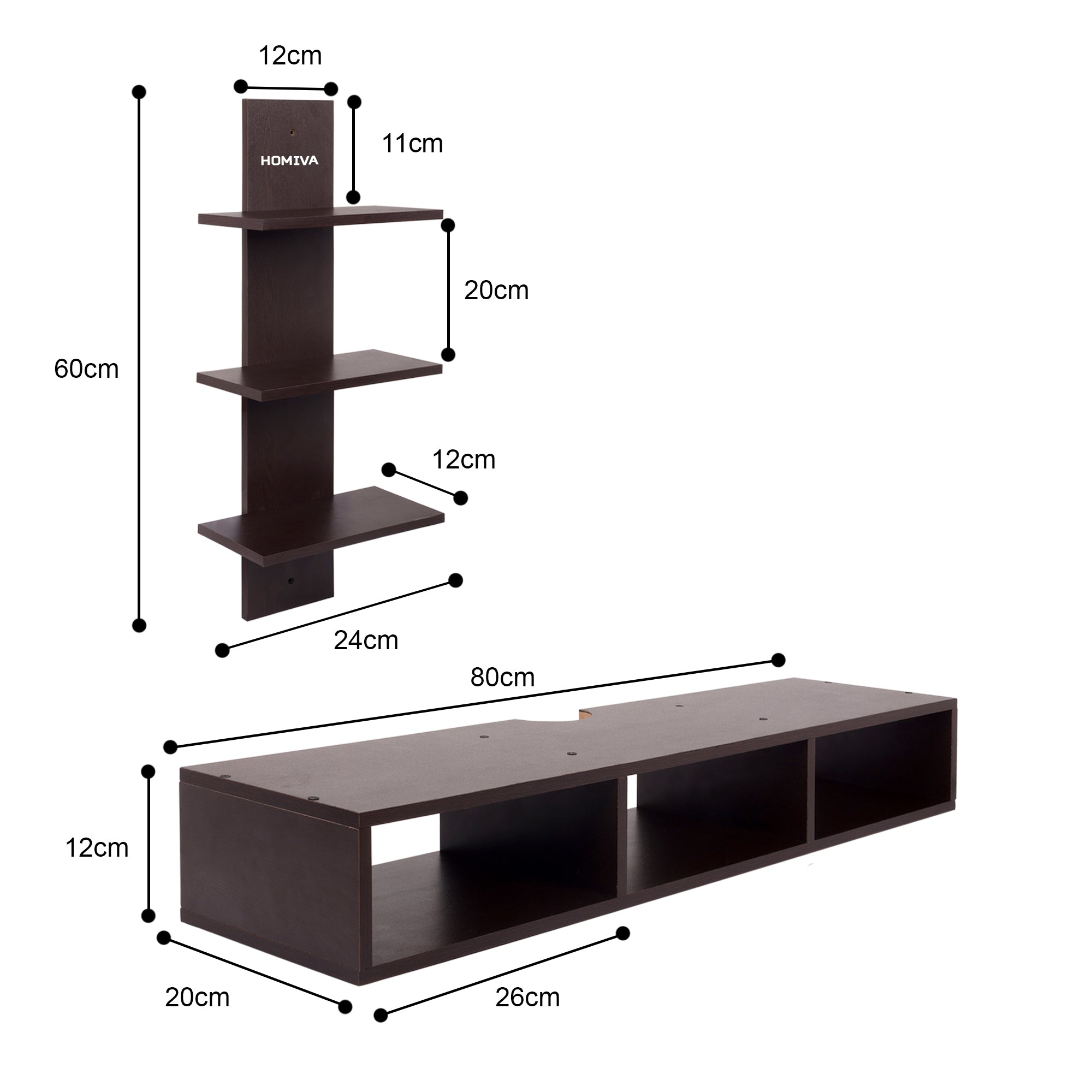 HOMIVA DIY Wall-Mounted 2 Triple-Layer Shelves and 1 3-Compartment Set - Brown