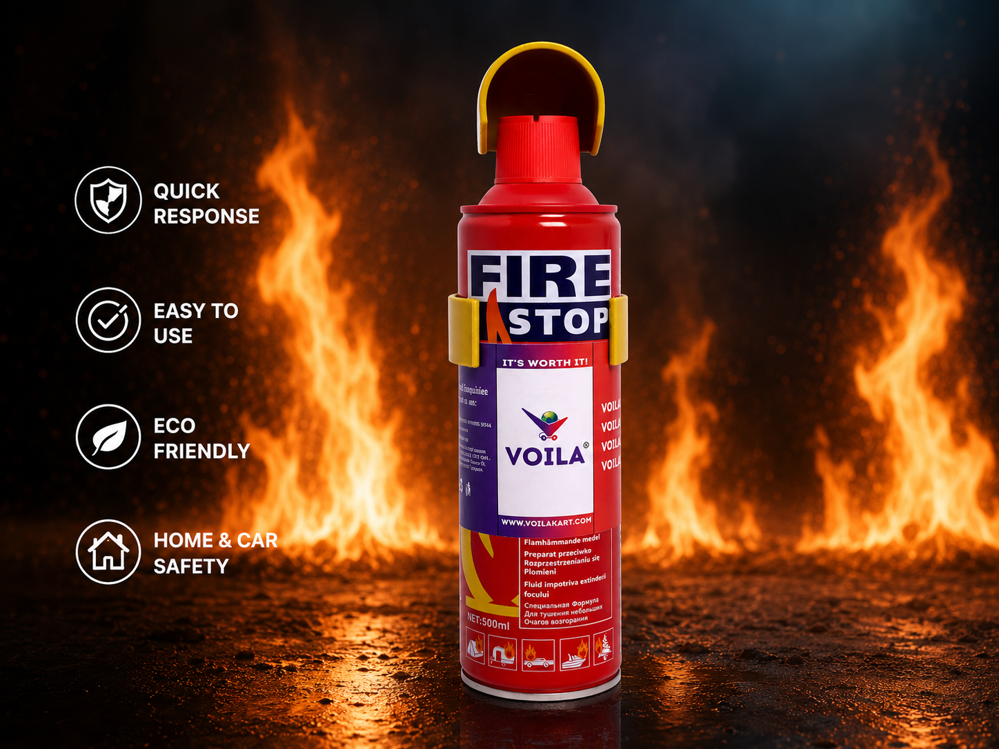 VOILA Fire Stop, Portable & Easy to Use Aluminum 500 ml Fire Extinguisher Spray with Stand for Car, Bus, Truck, Cab, Auto, Home & Kitchen etc (Pack of 2)