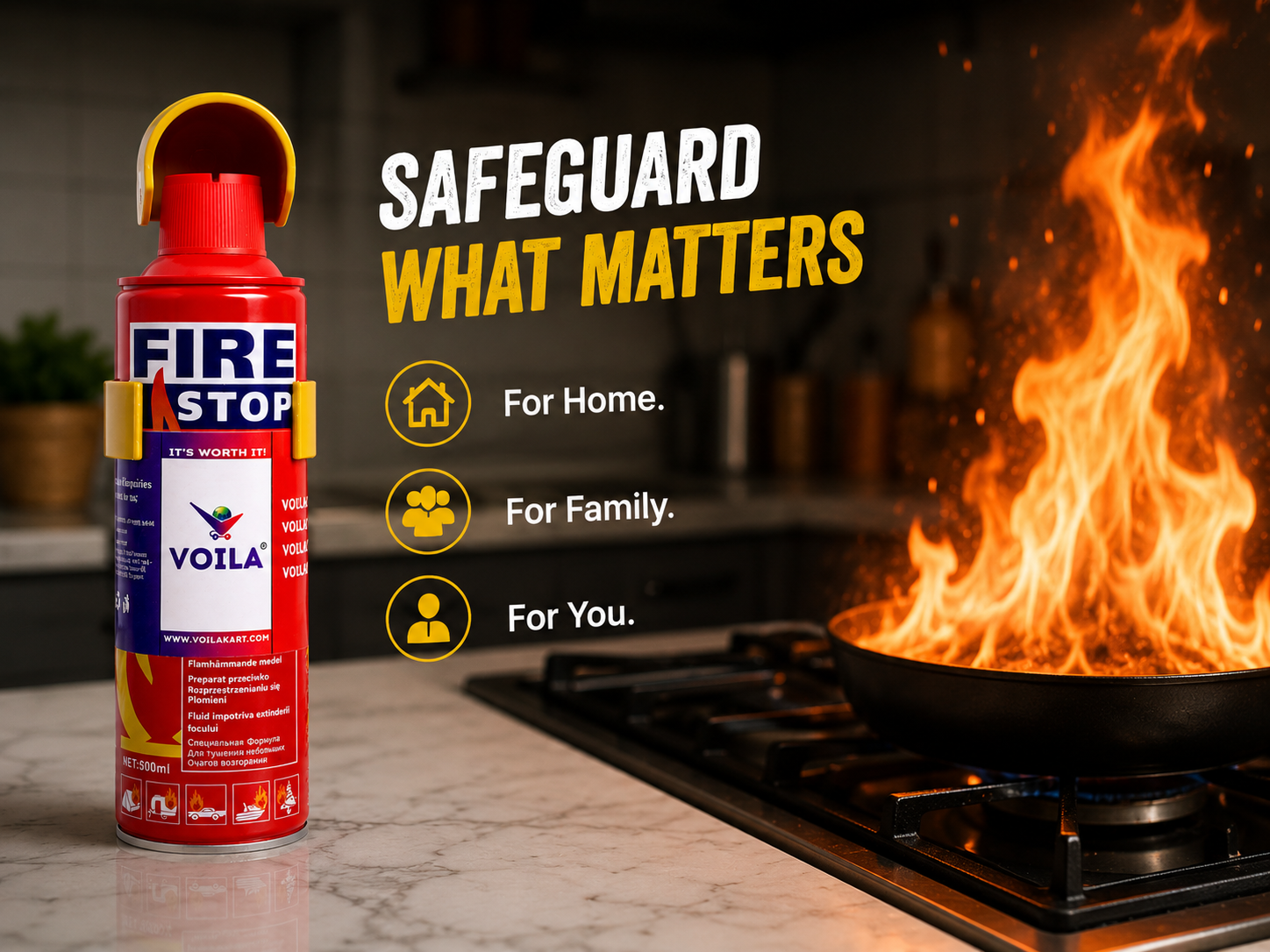VOILA Fire Stop, Portable & Easy to Use Premium Aluminium 500 ml Fire Extinguisher Spray with Stand for Car, Taxi, Cab, Auto, Bus, Home and Kitchen etc