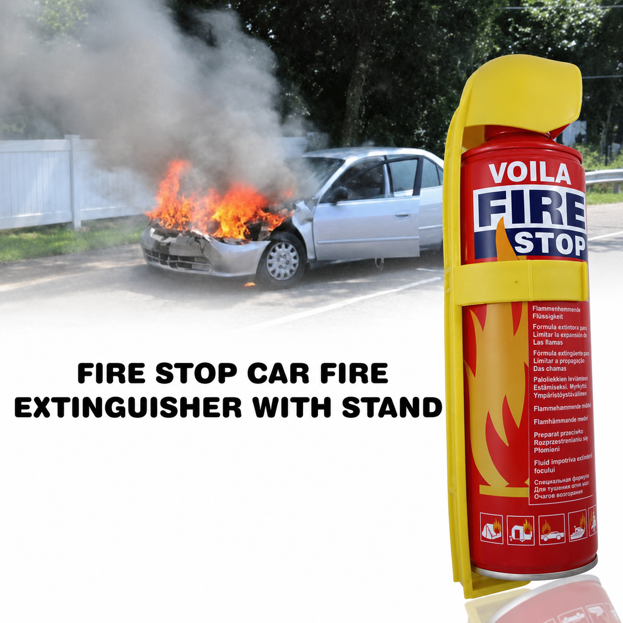 VOILA Fire Stop, Portable & Easy to Use Premium Aluminium 500 ml Fire Extinguisher Spray with Stand for Car, Taxi, Cab, Auto, Bus, Home and Kitchen etc