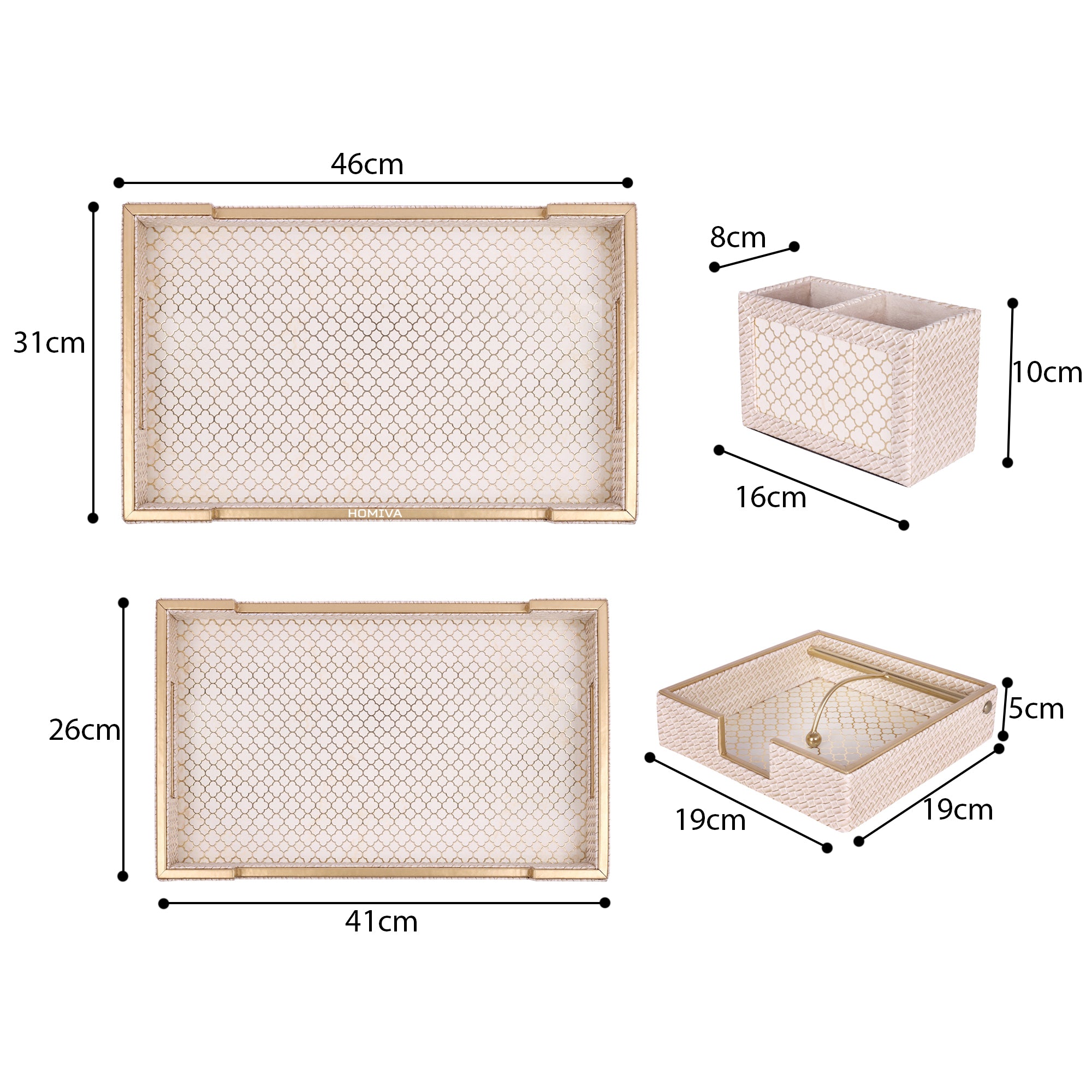 HOMIVA Luxury Leatherette Set – 2 Serving Trays, Spoon Holders & Multipurpose Paper Tray - Beige & Gold