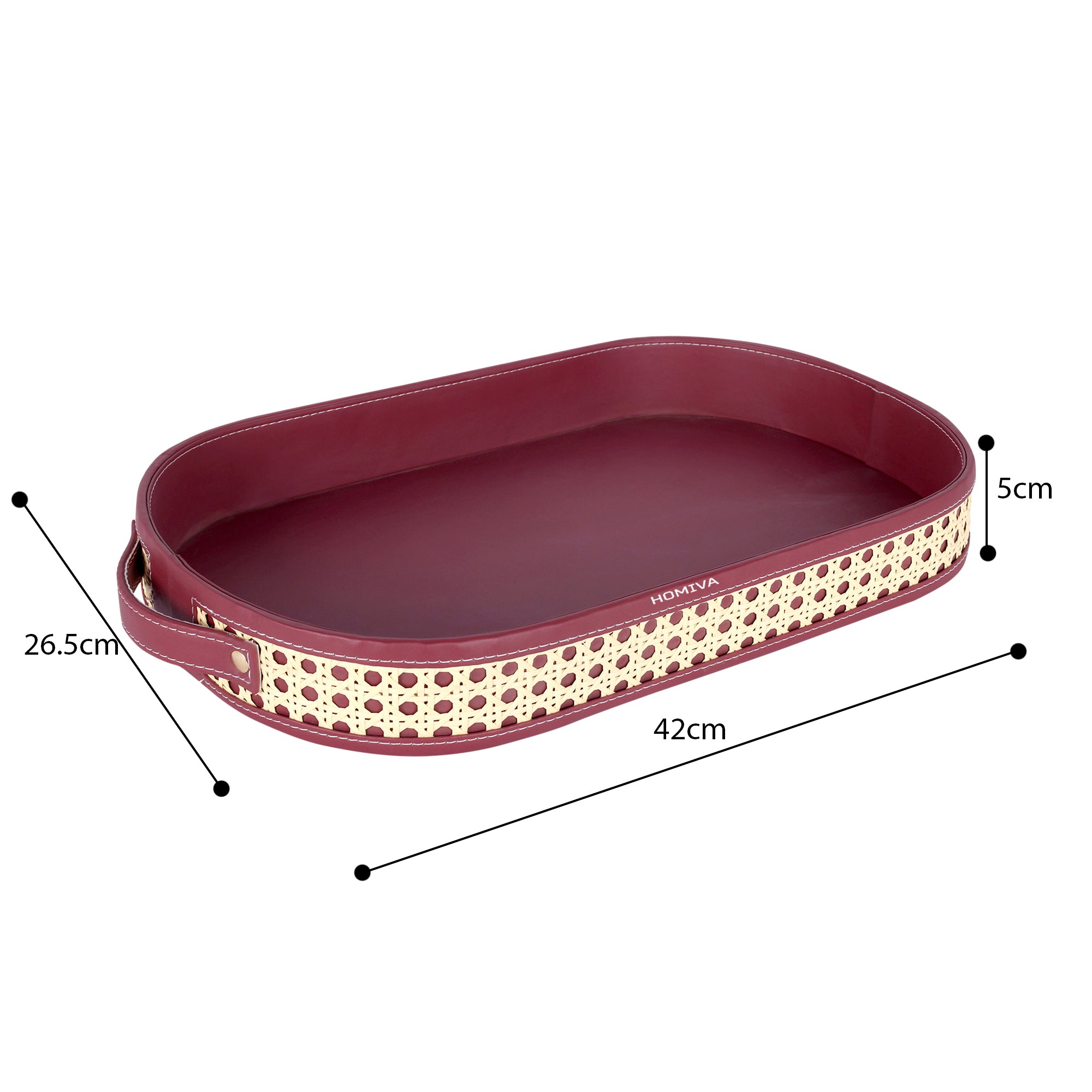 HOMIVA Oval Faux Leatherette Serving Tray with Cane Design & Handles – Maroon & Beige