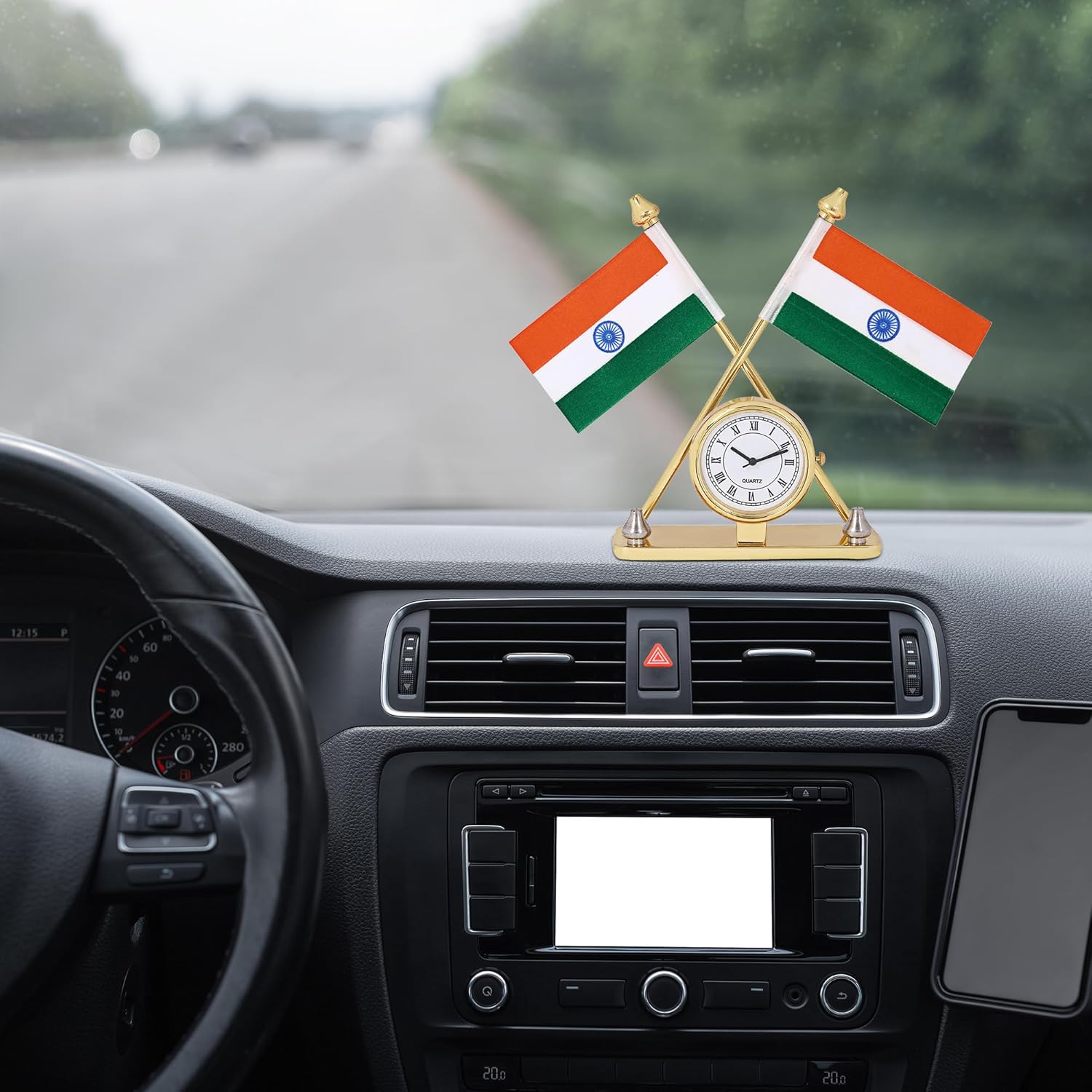 VOILA Indian Flag with Watch for Vehicle (Auto, Car, Bus, Truck) Dashboard & Office Desk