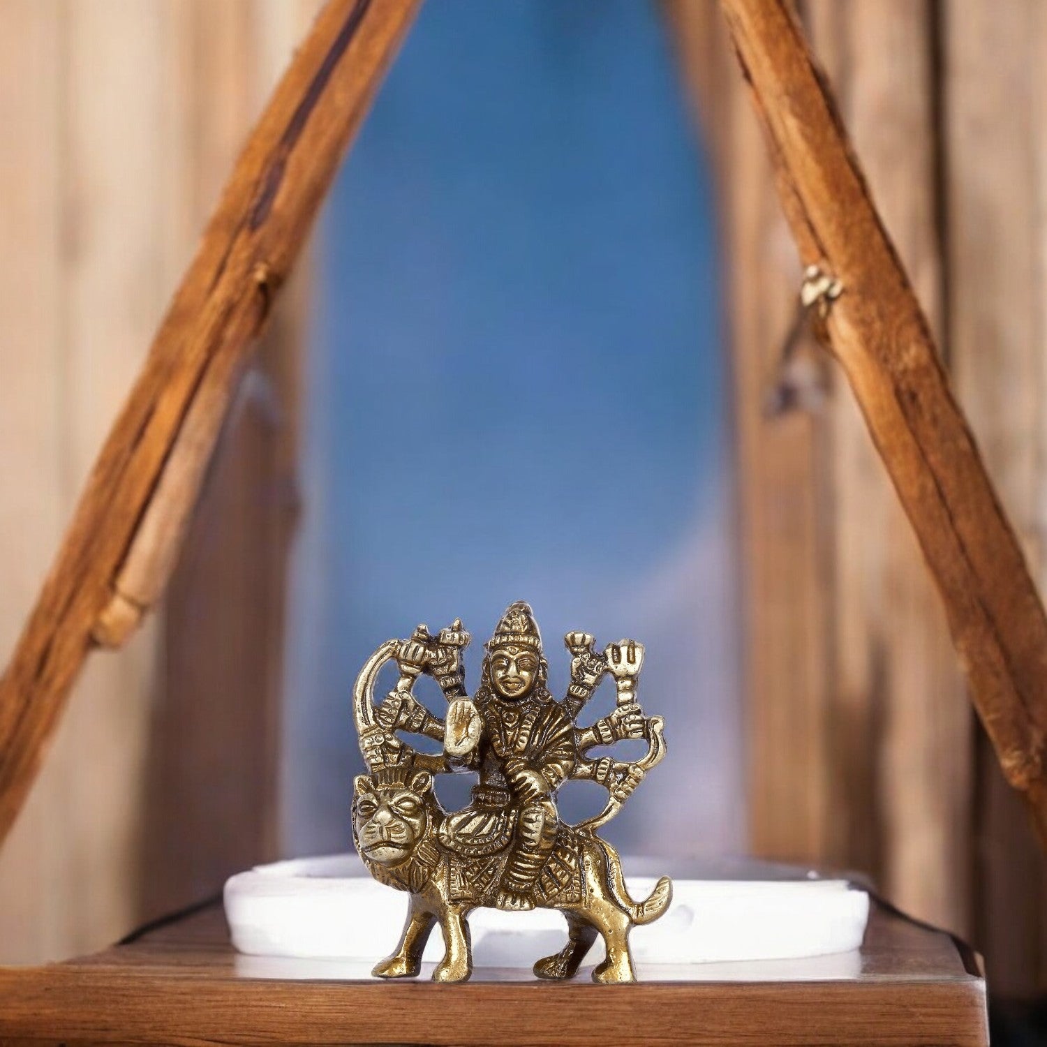 VOILA Brass Goddess Durga Idol – Perfect for Pooja Room, Home Decor & Vehicle (Auto/Car/Bus/Truck) Dashboard