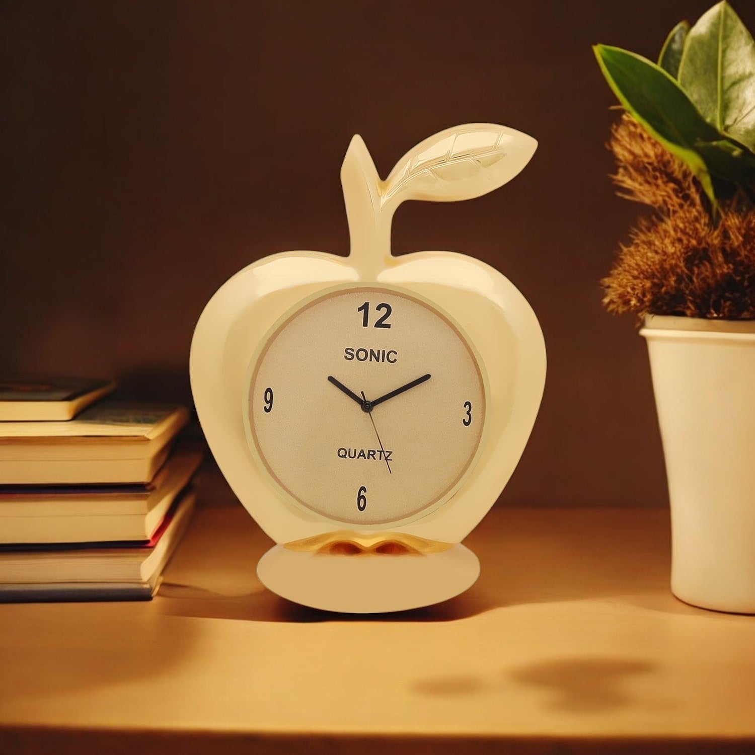 VOILA Gold Plated Apple Shaped Analog Clock for Table and Vehicle (Auto, Car, Bus, Truck) Dashboard