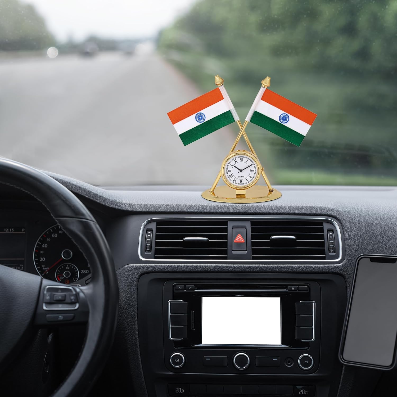 VOILA Indian Flag with Round Clock for Vehicle (Car / Auto / Bus / Truck) Dashboard & Office Desk
