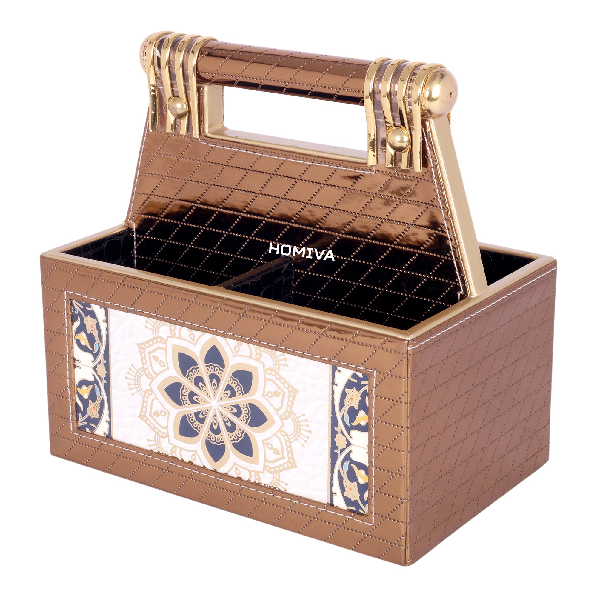 HOMIVA Premium Faux Leatherette 4-Compartment Storage Box with Handle - Brown