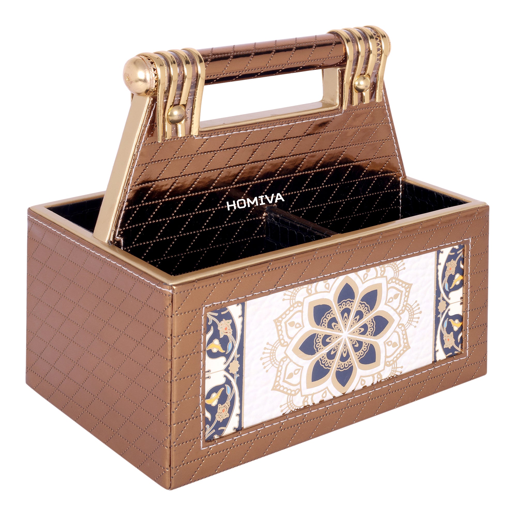 HOMIVA Premium Faux Leatherette 4-Compartment Storage Box with Handle - Brown