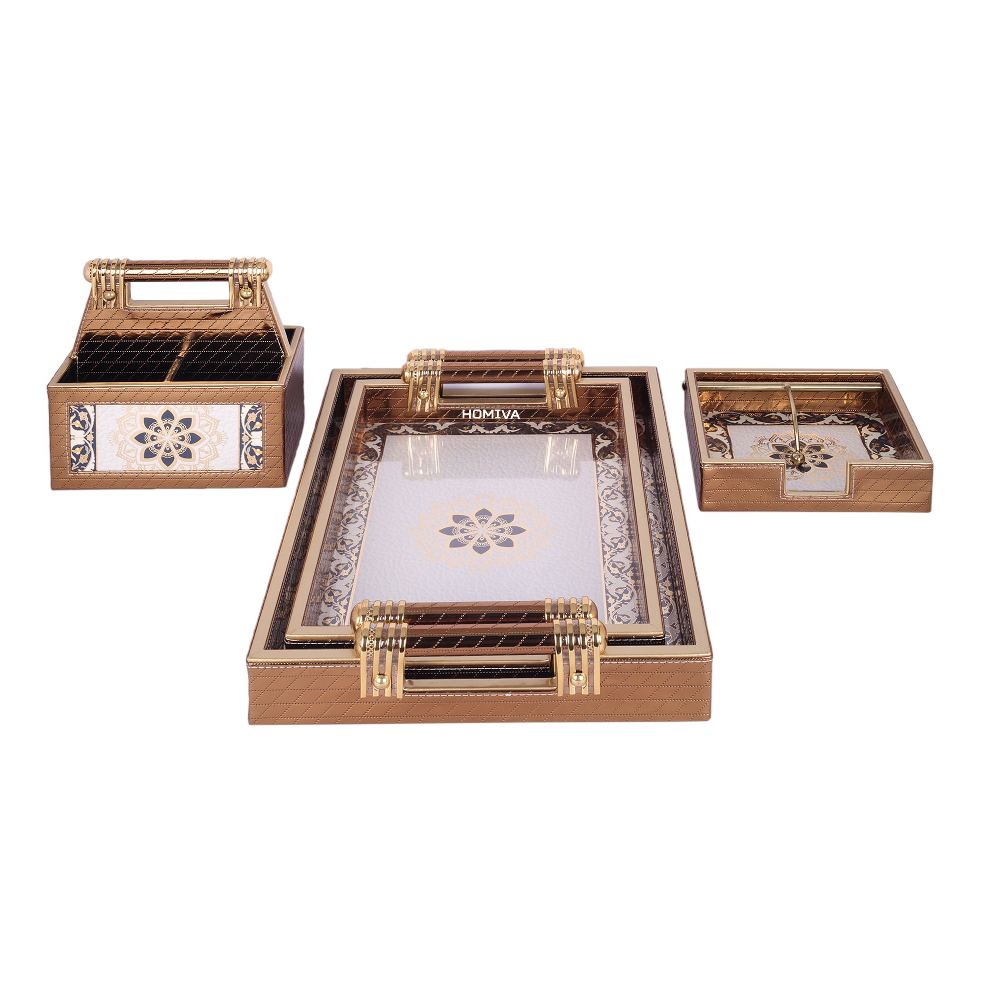 HOMIVA 4-Piece Decorative Tray & Organizer Set, Serving Trays, Tissue Box, Remote Holder - Brown