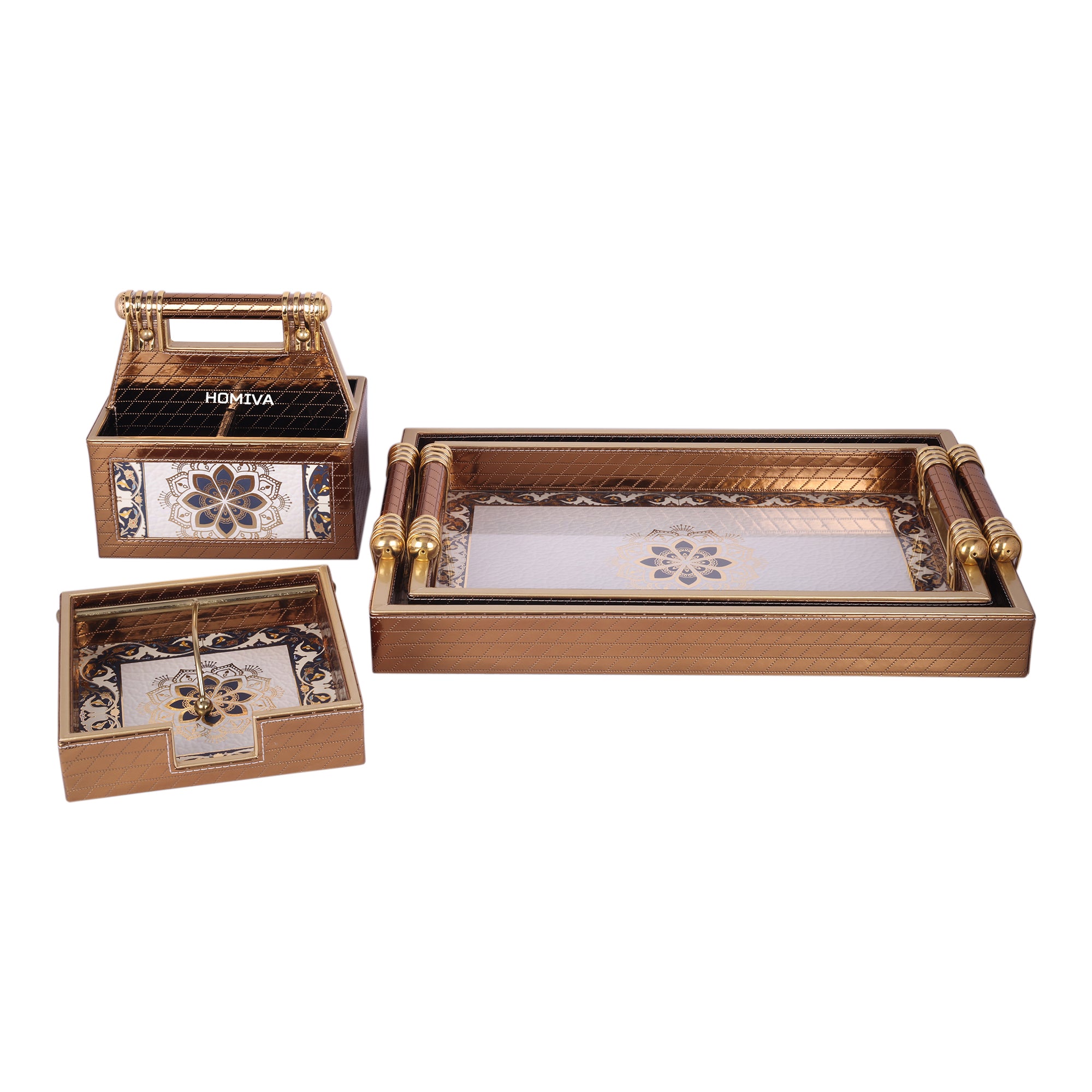HOMIVA 4-Piece Decorative Tray & Organizer Set, Serving Trays, Tissue Box, Remote Holder - Brown