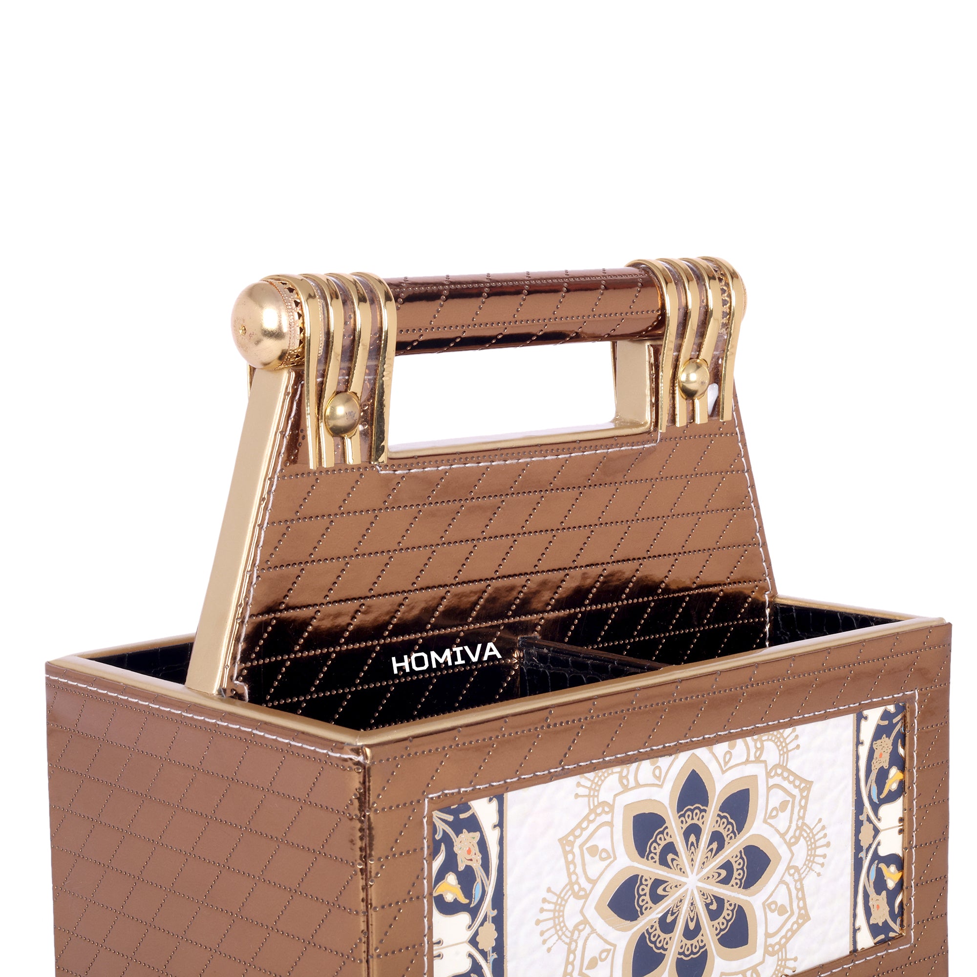 HOMIVA Premium Faux Leatherette 4-Compartment Storage Box with Handle - Brown