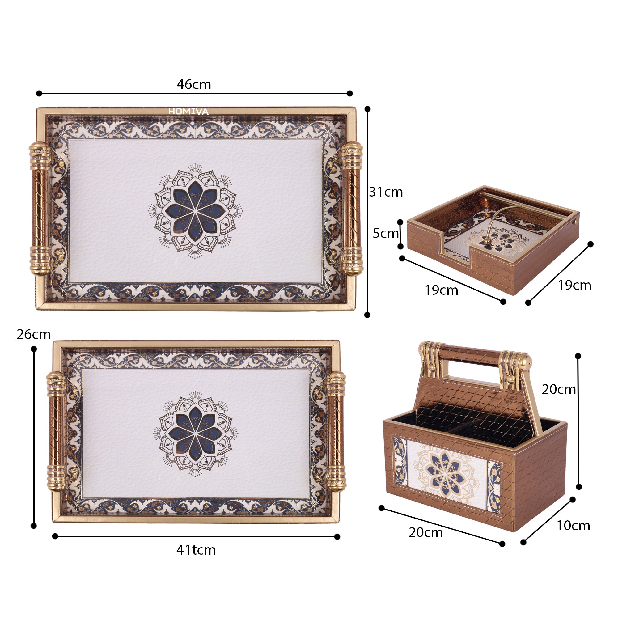 HOMIVA 4-Piece Decorative Tray & Organizer Set, Serving Trays, Tissue Box, Remote Holder - Brown