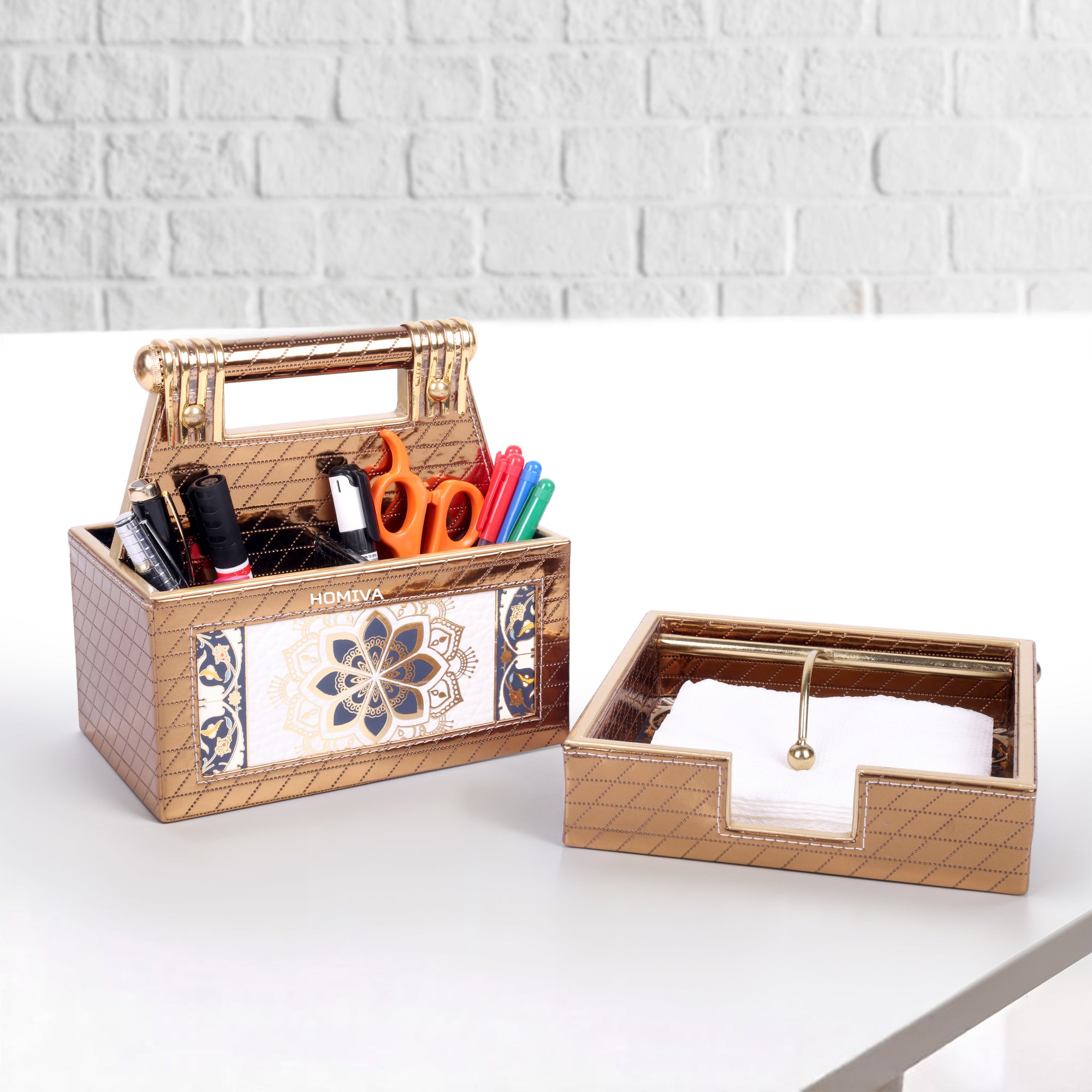 HOMIVA 4-Piece Decorative Tray & Organizer Set, Serving Trays, Tissue Box, Remote Holder - Brown