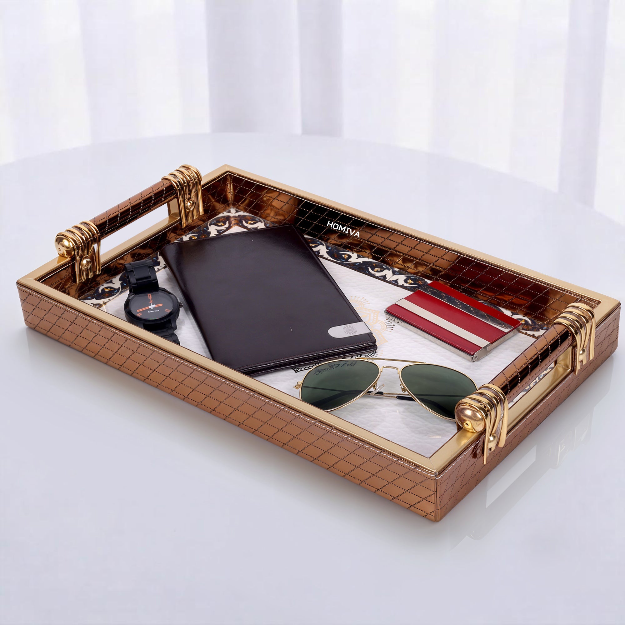 HOMIVA 4-Piece Decorative Tray & Organizer Set, Serving Trays, Tissue Box, Remote Holder - Brown