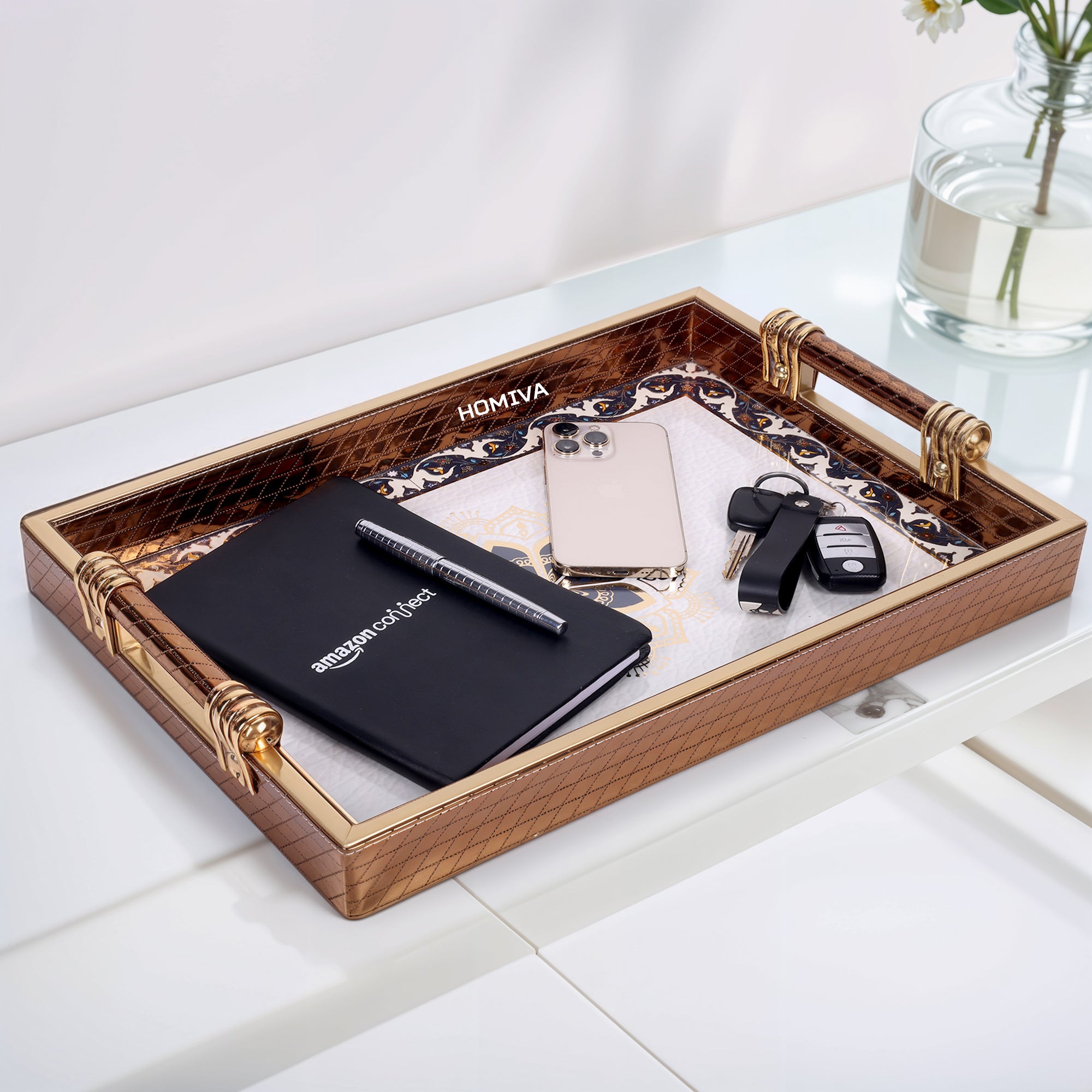 HOMIVA Premium Faux Leatherette Serving Tray Small (41x26x4.5 cm) - Brown