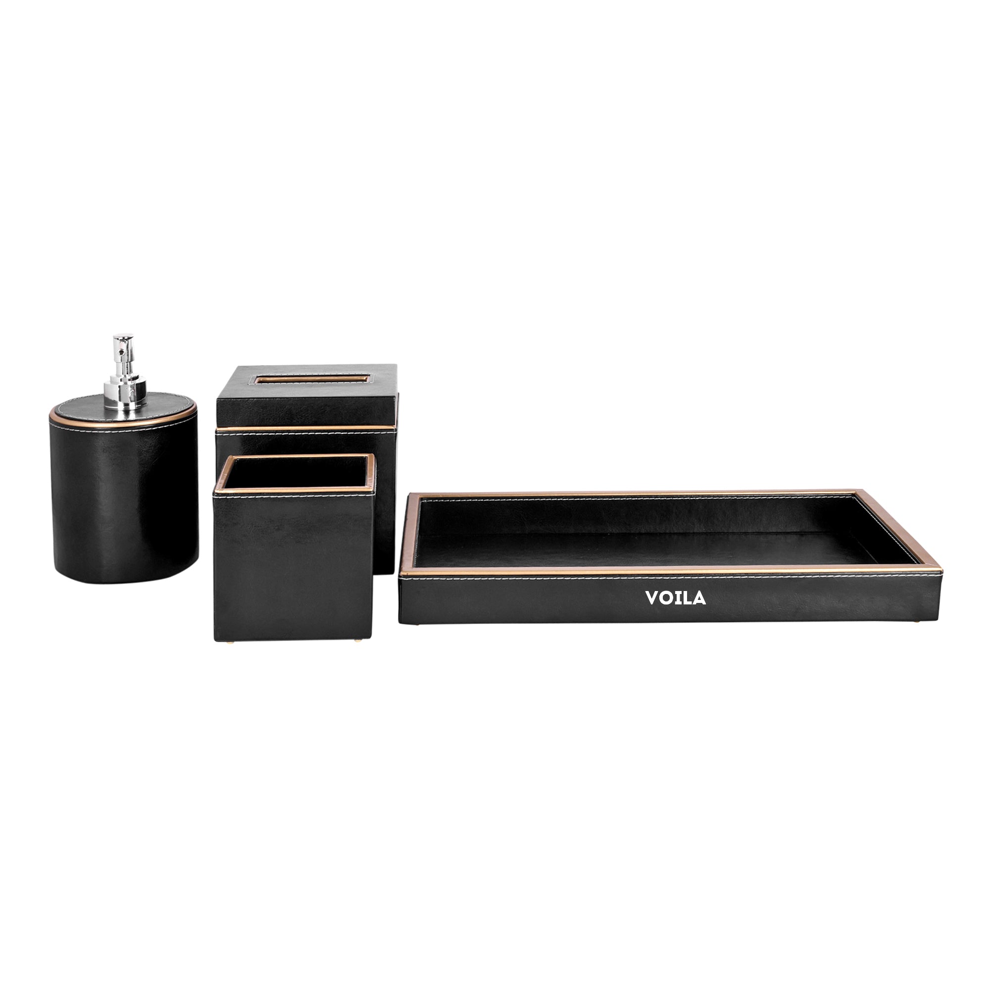 HOMIVA 4-Piece Black Leatherette Bathroom Organizer Set – Includes Tray, Tissue Box, Toothbrush Holder & Dispenser Jar