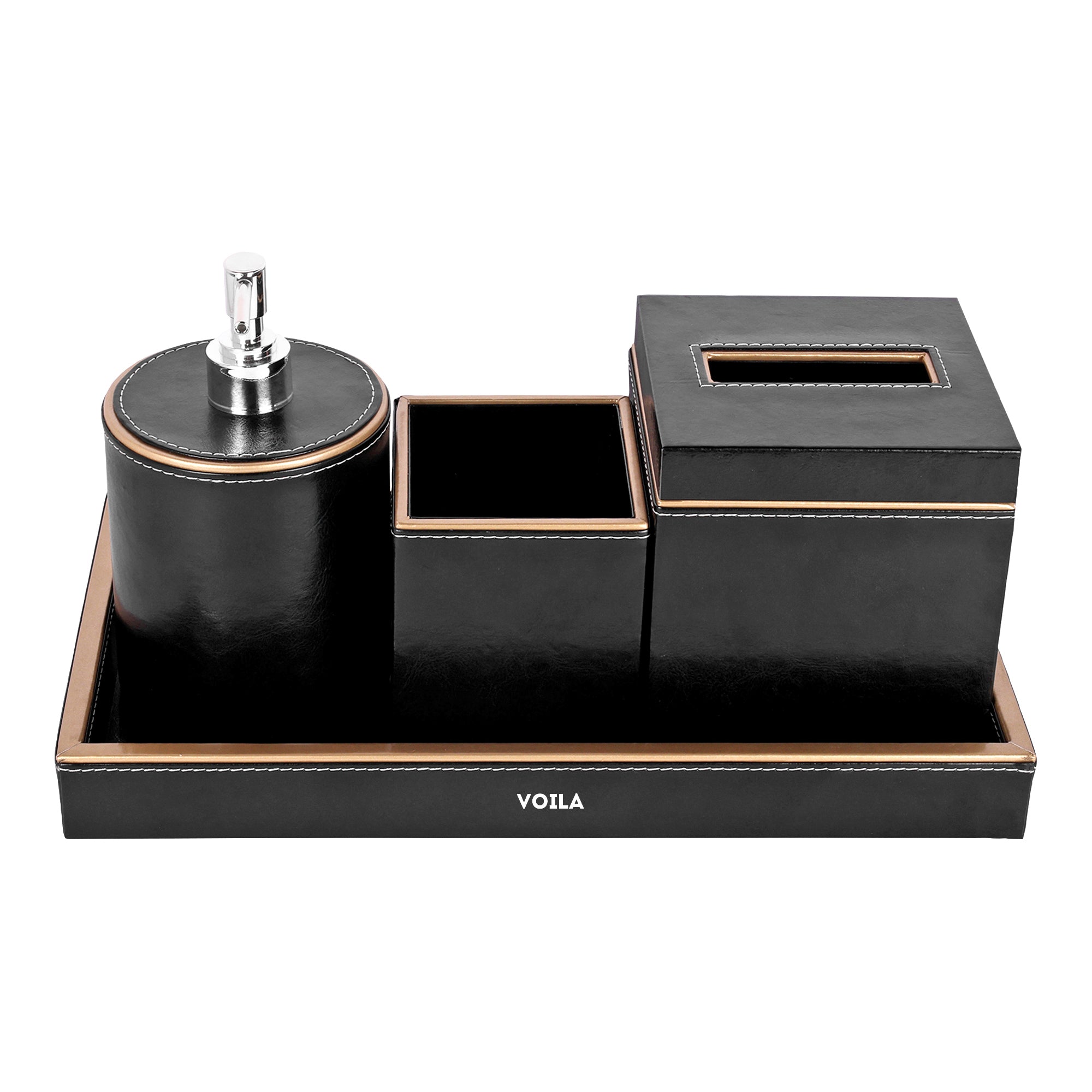 HOMIVA 4-Piece Black Leatherette Bathroom Organizer Set – Includes Tray, Tissue Box, Toothbrush Holder & Dispenser Jar