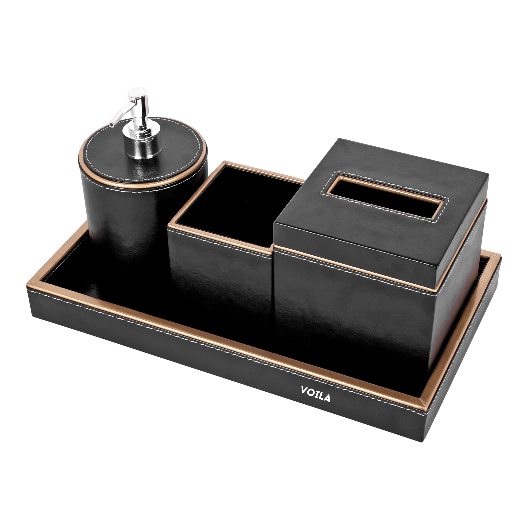 HOMIVA 4-Piece Black Leatherette Bathroom Organizer Set – Includes Tray, Tissue Box, Toothbrush Holder & Dispenser Jar