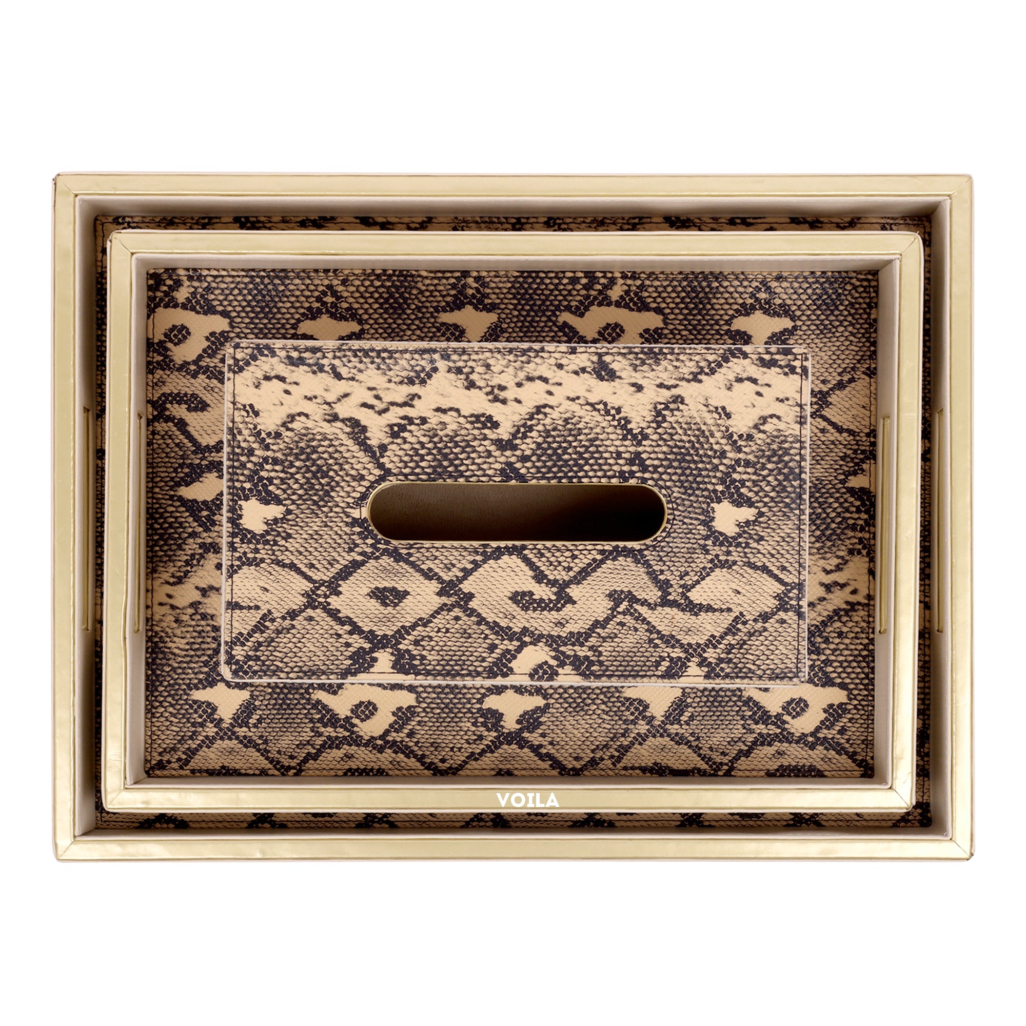 HOMIVA Premium Pink Faux Leatherette 2 Tray & Tissue Box Set with Snake Print – Set of 3